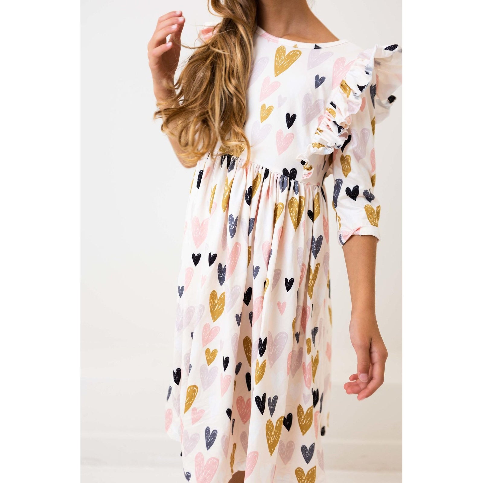 I Heart You 3/4 Sleeve Ruffle Twirl Dress