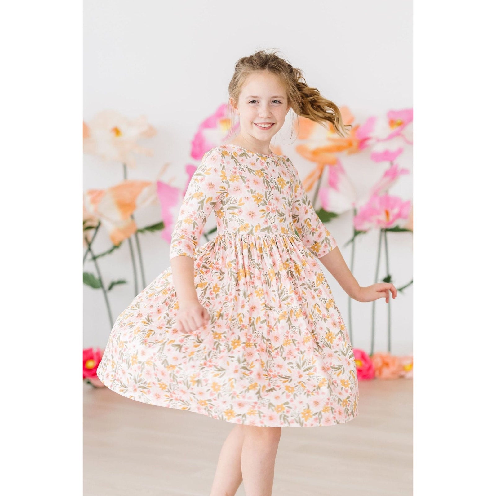 Pretty Peachy 3/4 Sleeve Pocket Twirl Dress