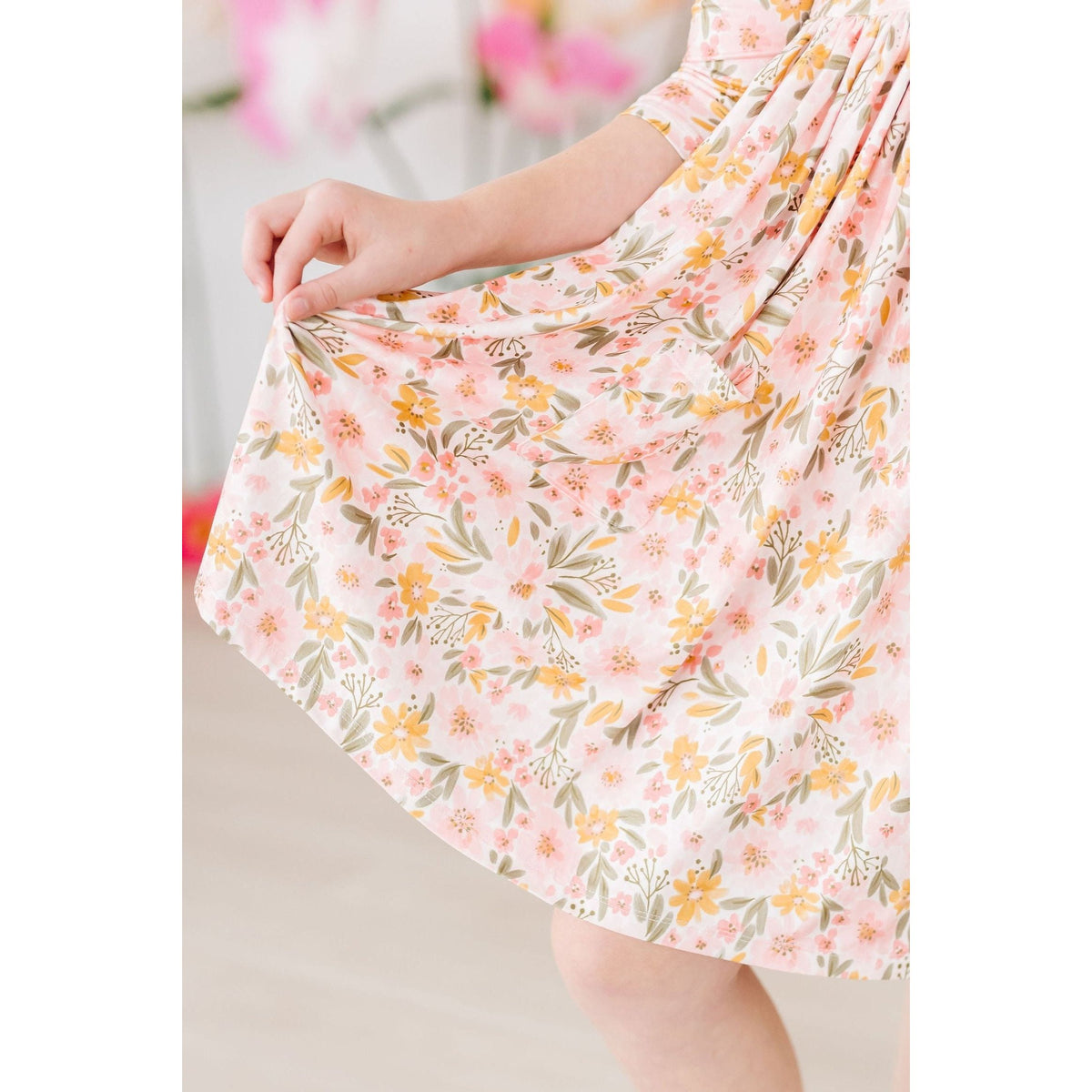 Pretty Peachy 3/4 Sleeve Pocket Twirl Dress