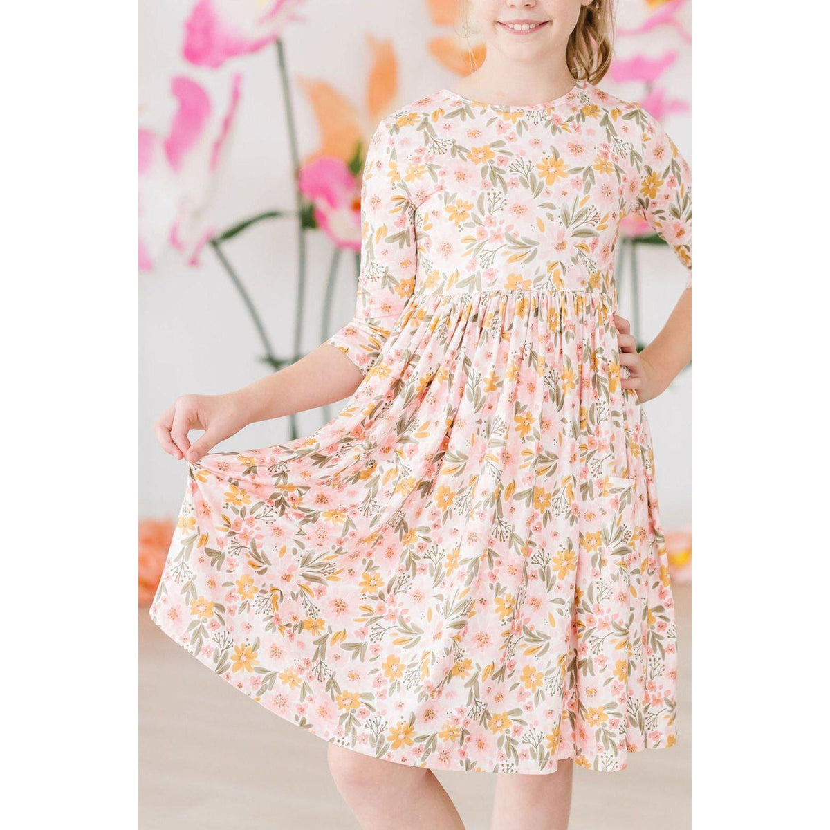 Pretty Peachy 3/4 Sleeve Pocket Twirl Dress
