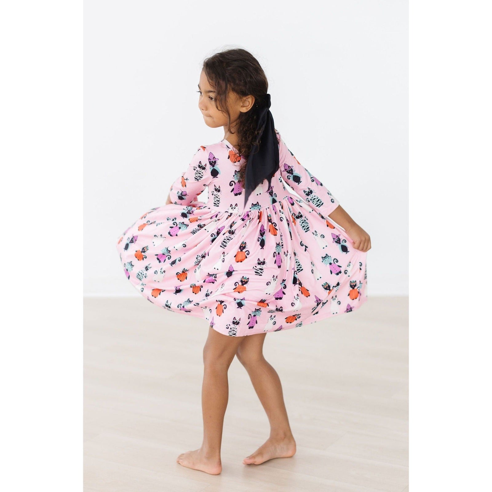 Purr-fectly Spooky 3/4 Sleeve Pocket Twirl Dress
