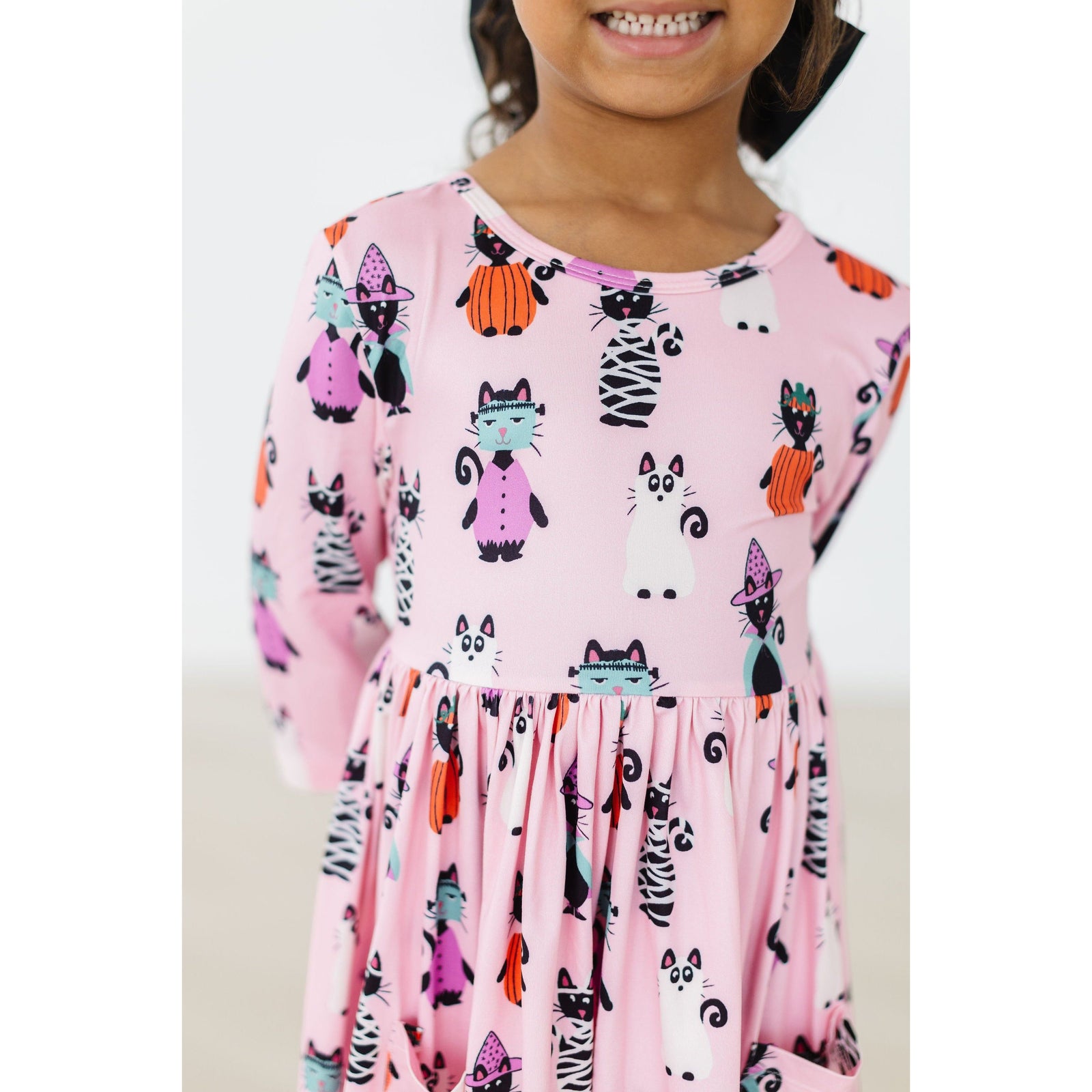 Purr-fectly Spooky 3/4 Sleeve Pocket Twirl Dress