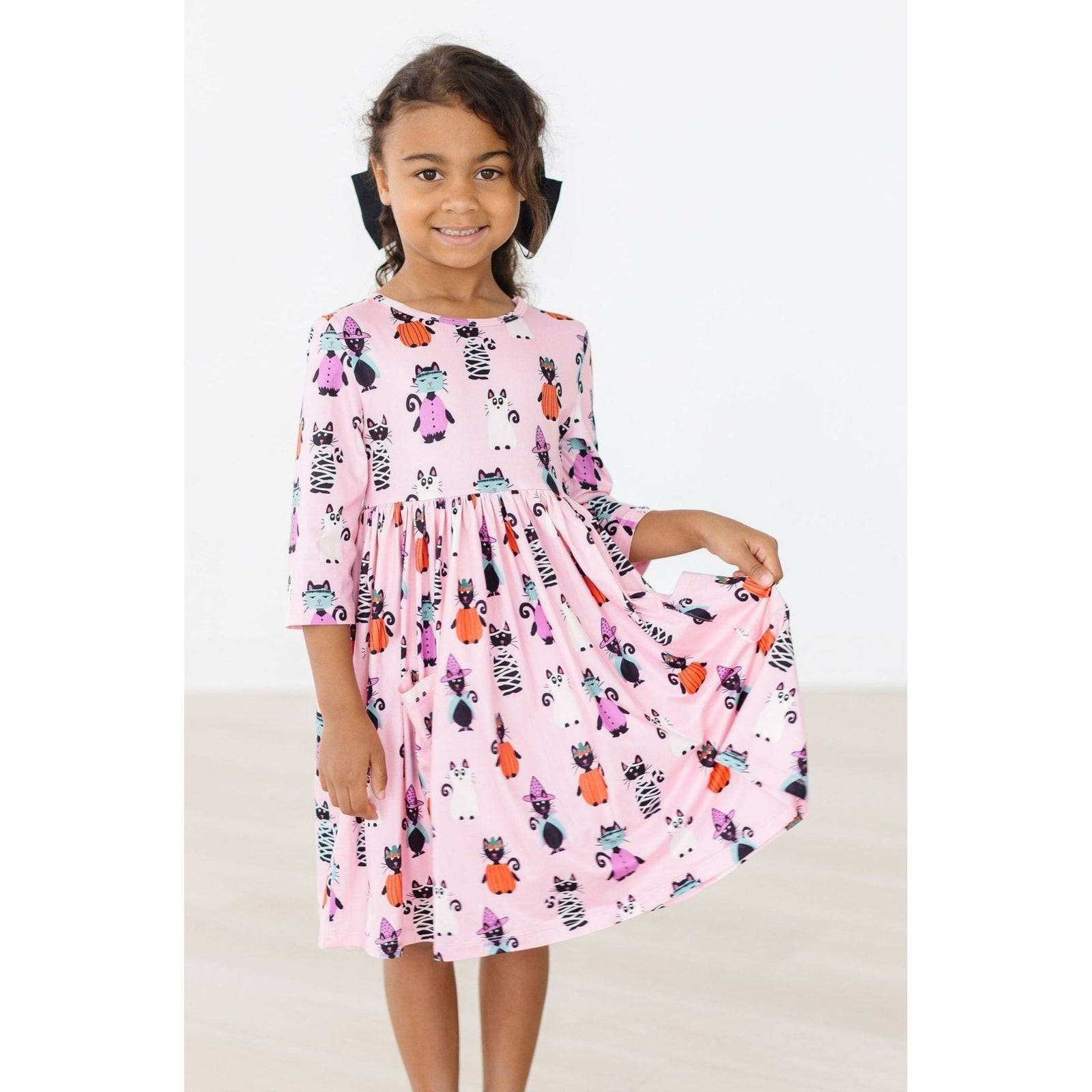 Purr-fectly Spooky 3/4 Sleeve Pocket Twirl Dress