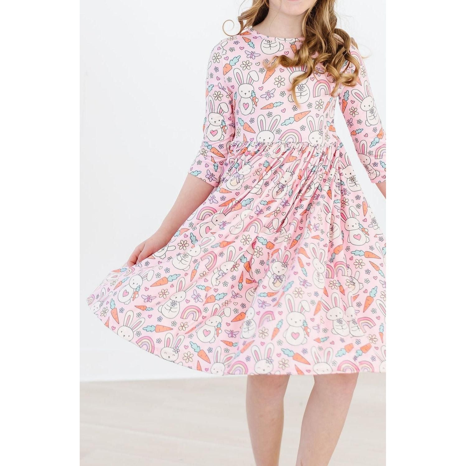 Springtime Bunnies 3/4 Sleeve Pocket Twirl Dress