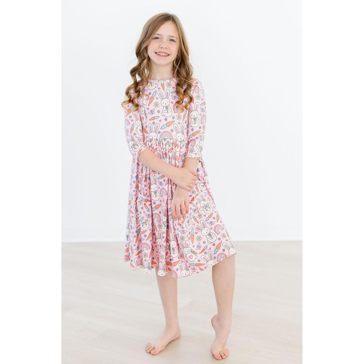 Springtime Bunnies 3/4 Sleeve Pocket Twirl Dress