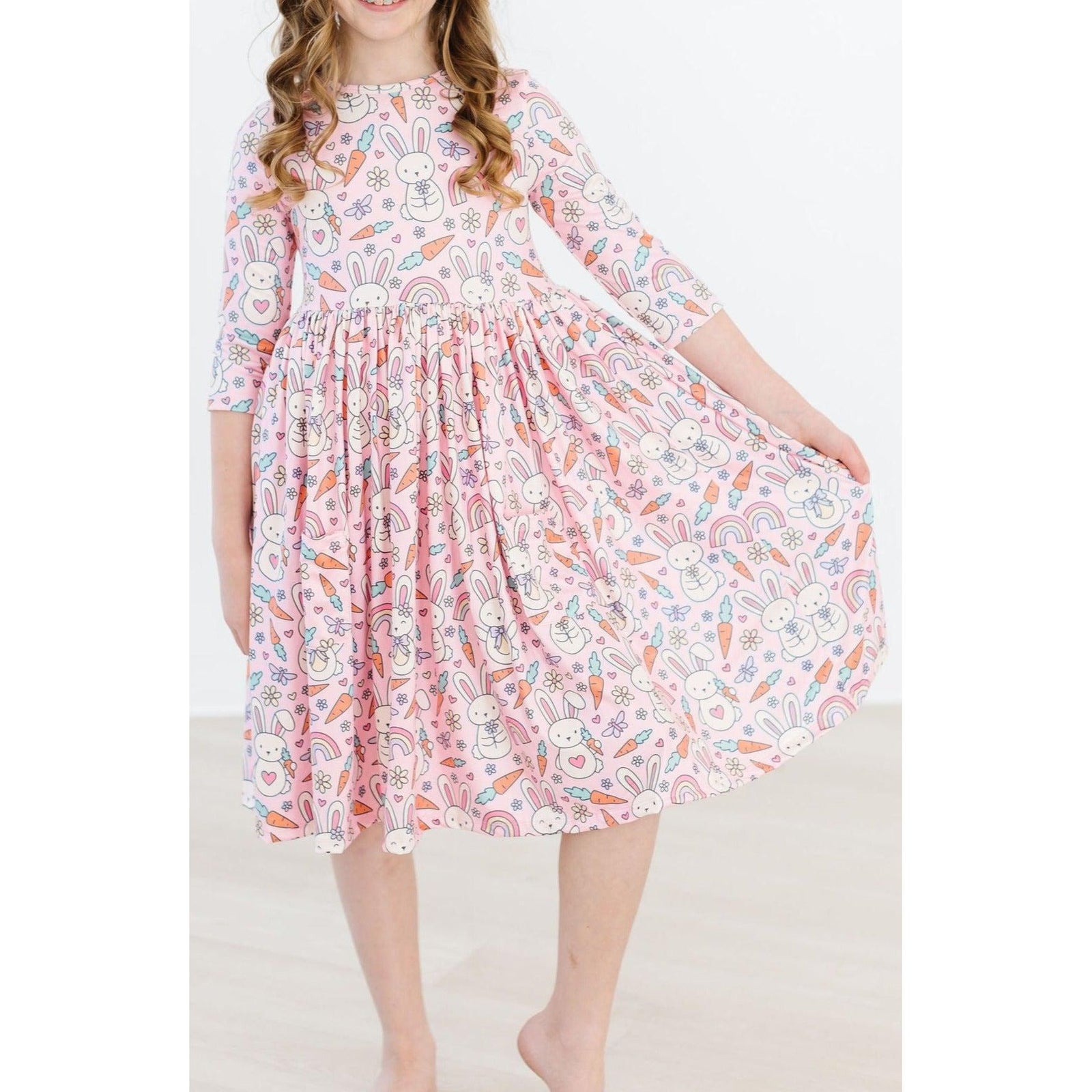 Springtime Bunnies 3/4 Sleeve Pocket Twirl Dress