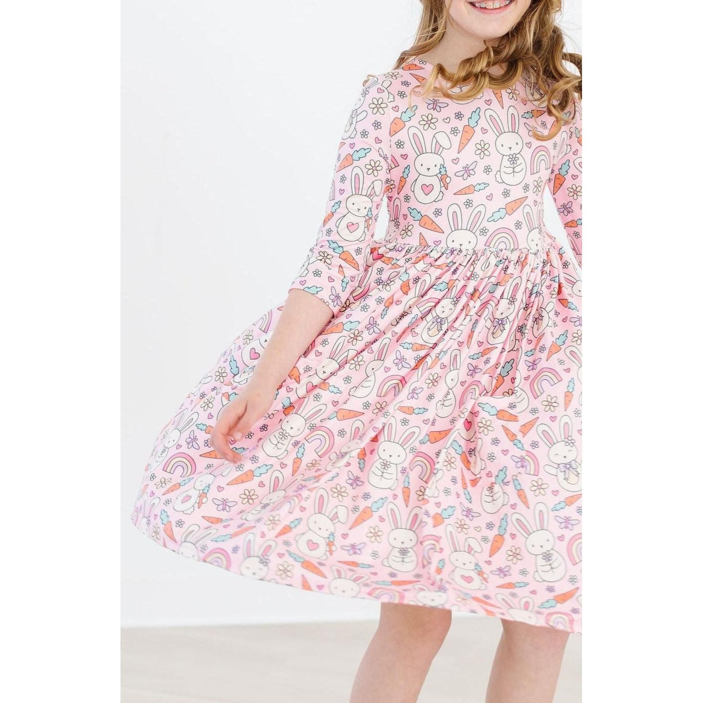 Springtime Bunnies 3/4 Sleeve Pocket Twirl Dress