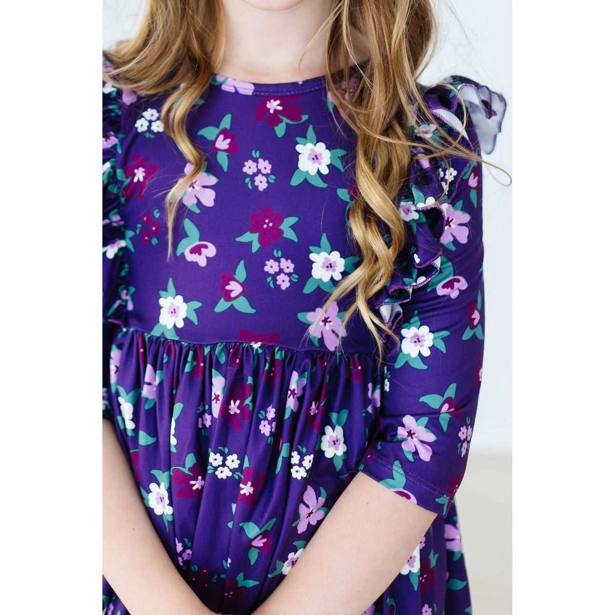 SALE Violets in Bloom 3/4 Sleeve Ruffle Twirl Dress