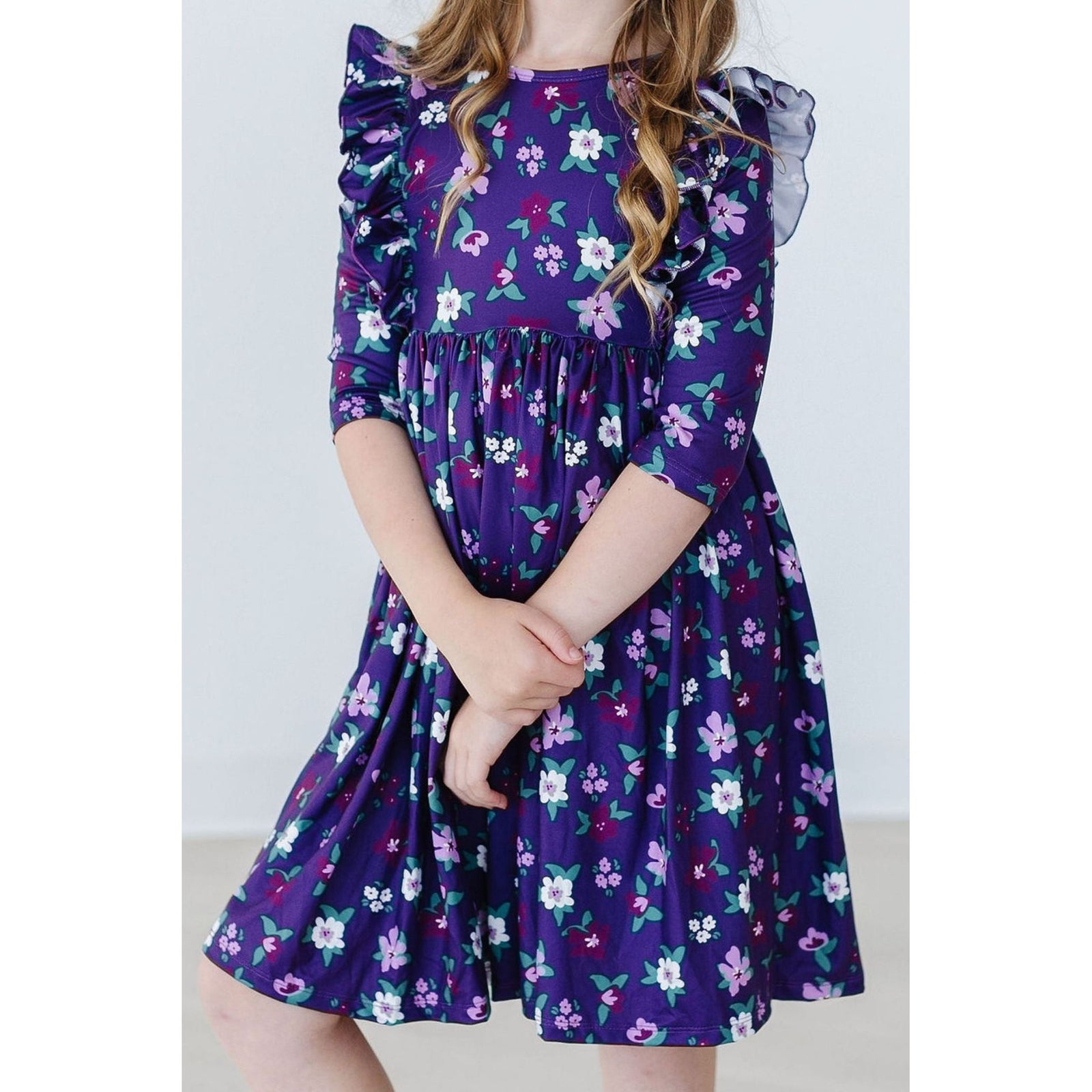 SALE Violets in Bloom 3/4 Sleeve Ruffle Twirl Dress