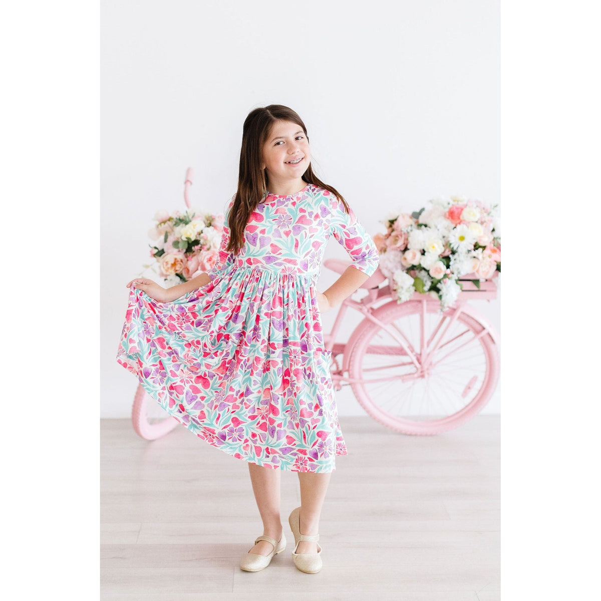 Watercolor Hearts 3/4 Sleeve Pocket Twirl Dress