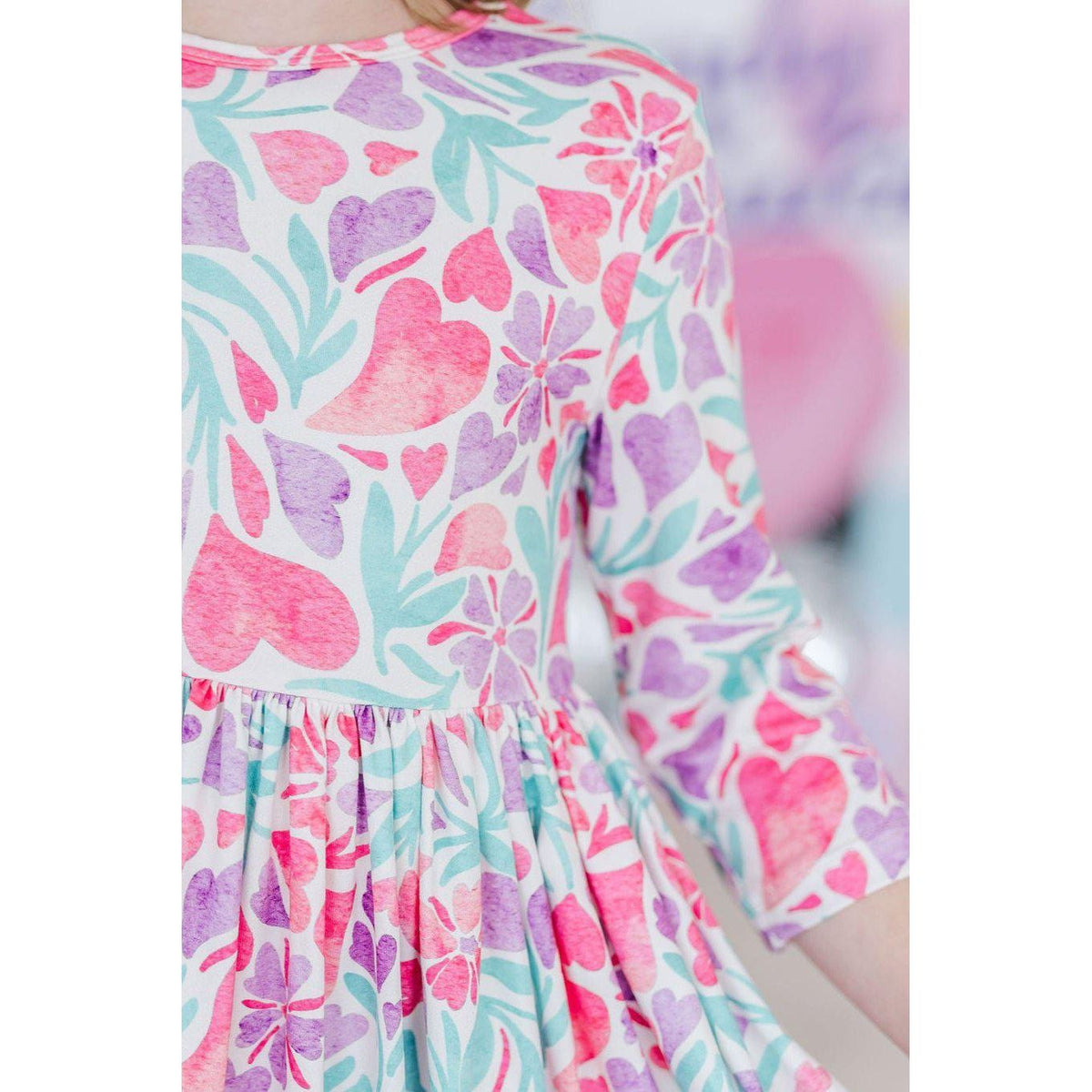 Watercolor Hearts 3/4 Sleeve Pocket Twirl Dress