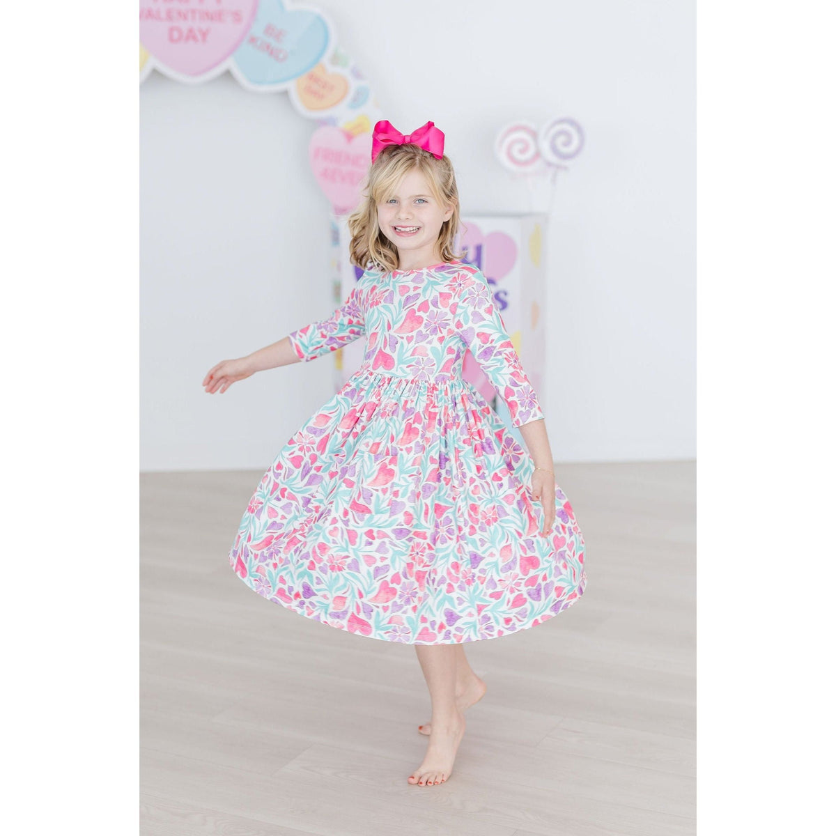 Watercolor Hearts 3/4 Sleeve Pocket Twirl Dress