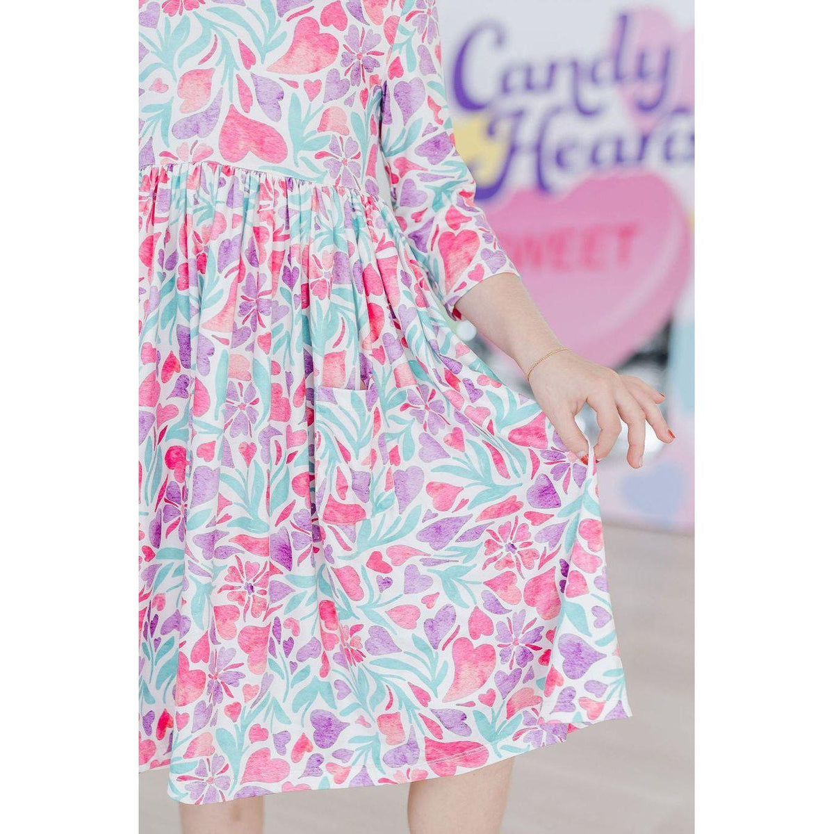 Watercolor Hearts 3/4 Sleeve Pocket Twirl Dress
