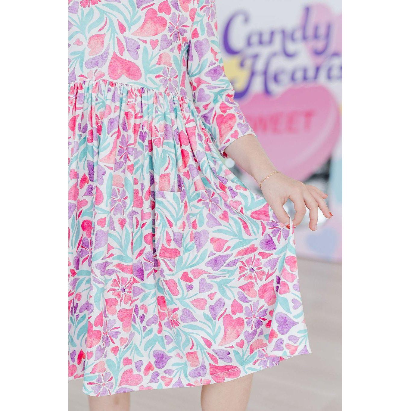 Watercolor Hearts 3/4 Sleeve Pocket Twirl Dress