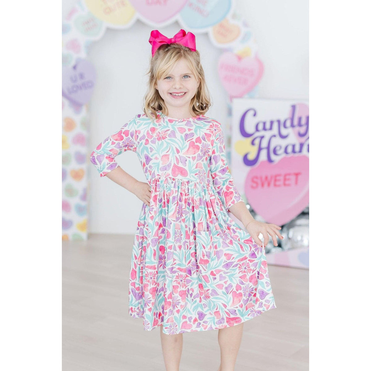 Watercolor Hearts 3/4 Sleeve Pocket Twirl Dress