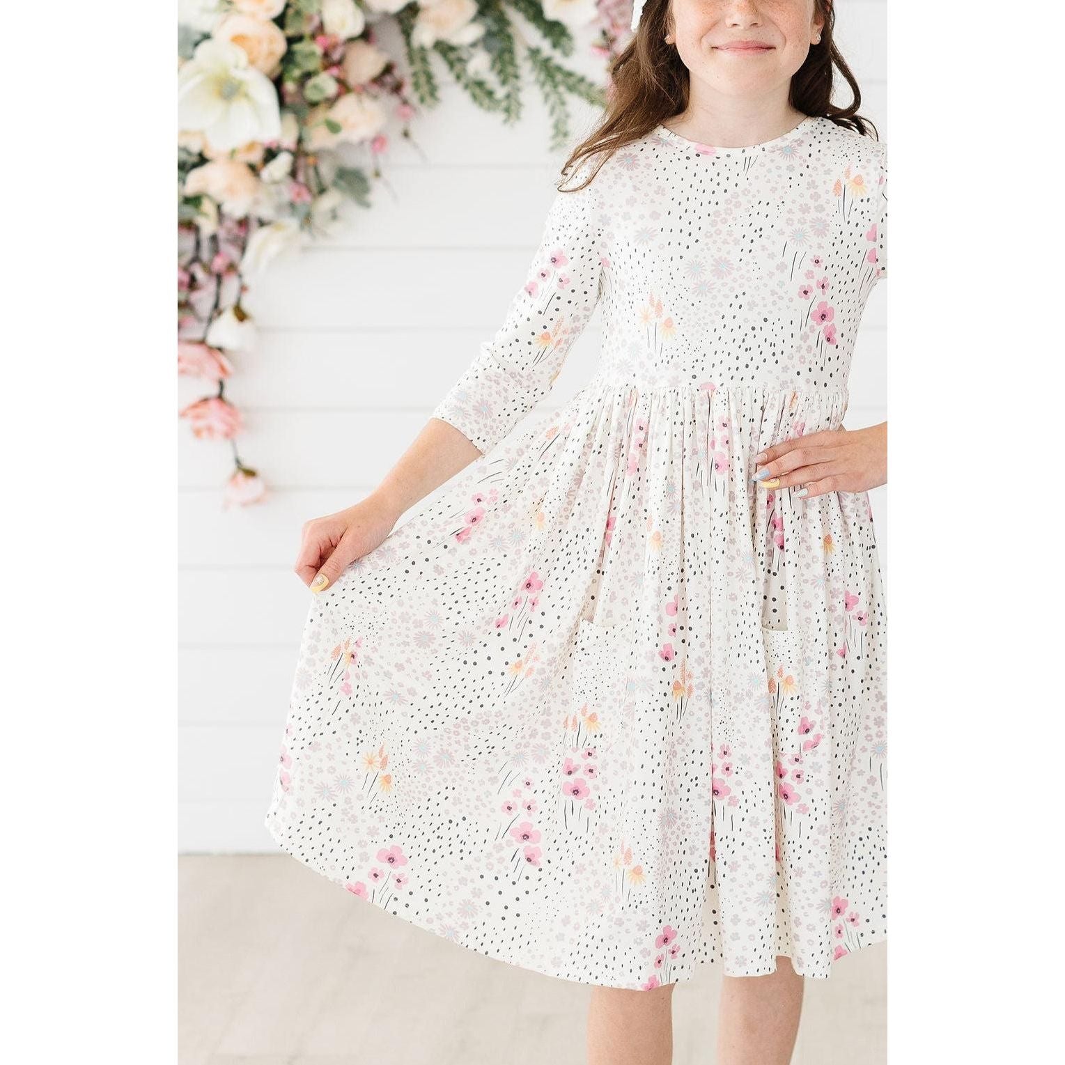 Whimsical Wildflowers 3/4 Sleeve Pocket Twirl Dress