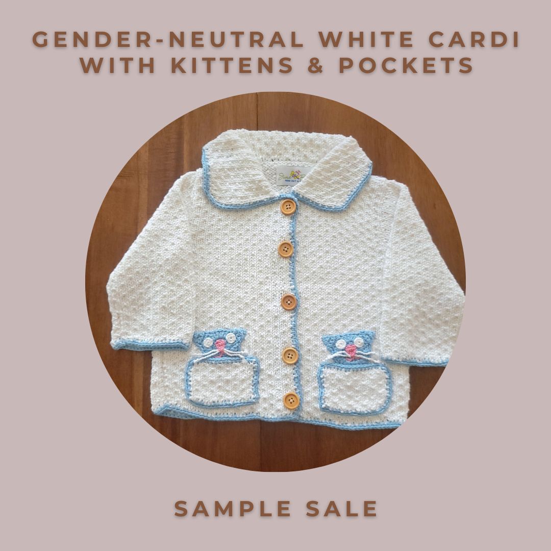 Gender-neutral White Cardi with Kittens &amp; Pockets