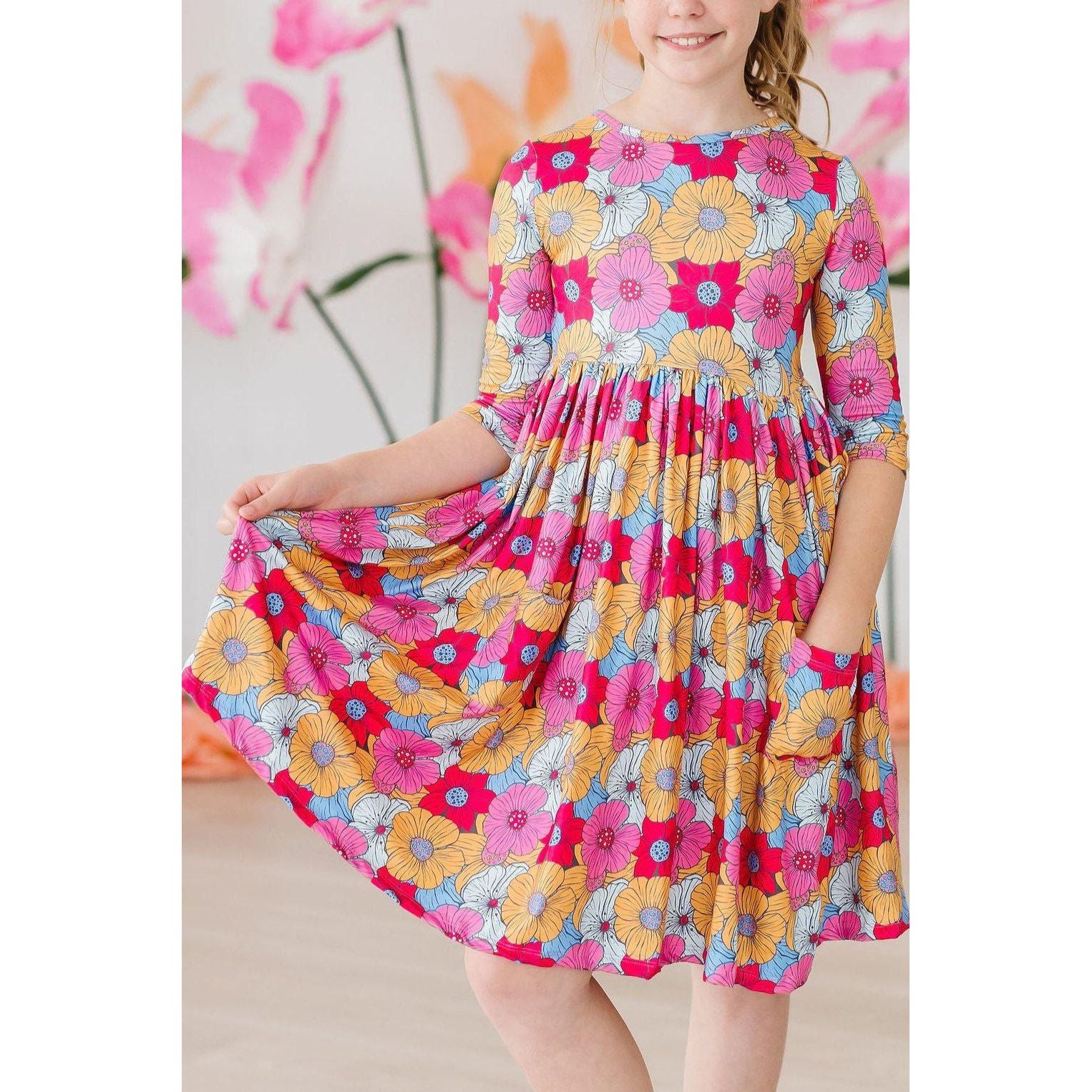 Wonderland Floral 3/4 Sleeve Pocket Twirl Dress