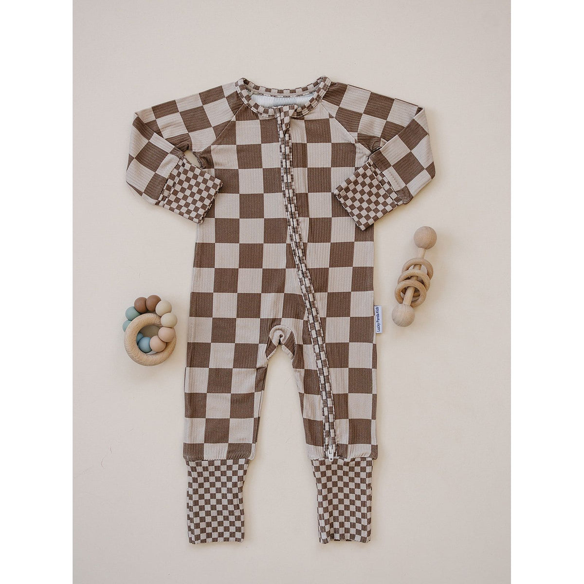 Ribbed Bamboo Zip Romper | Latte Checkered