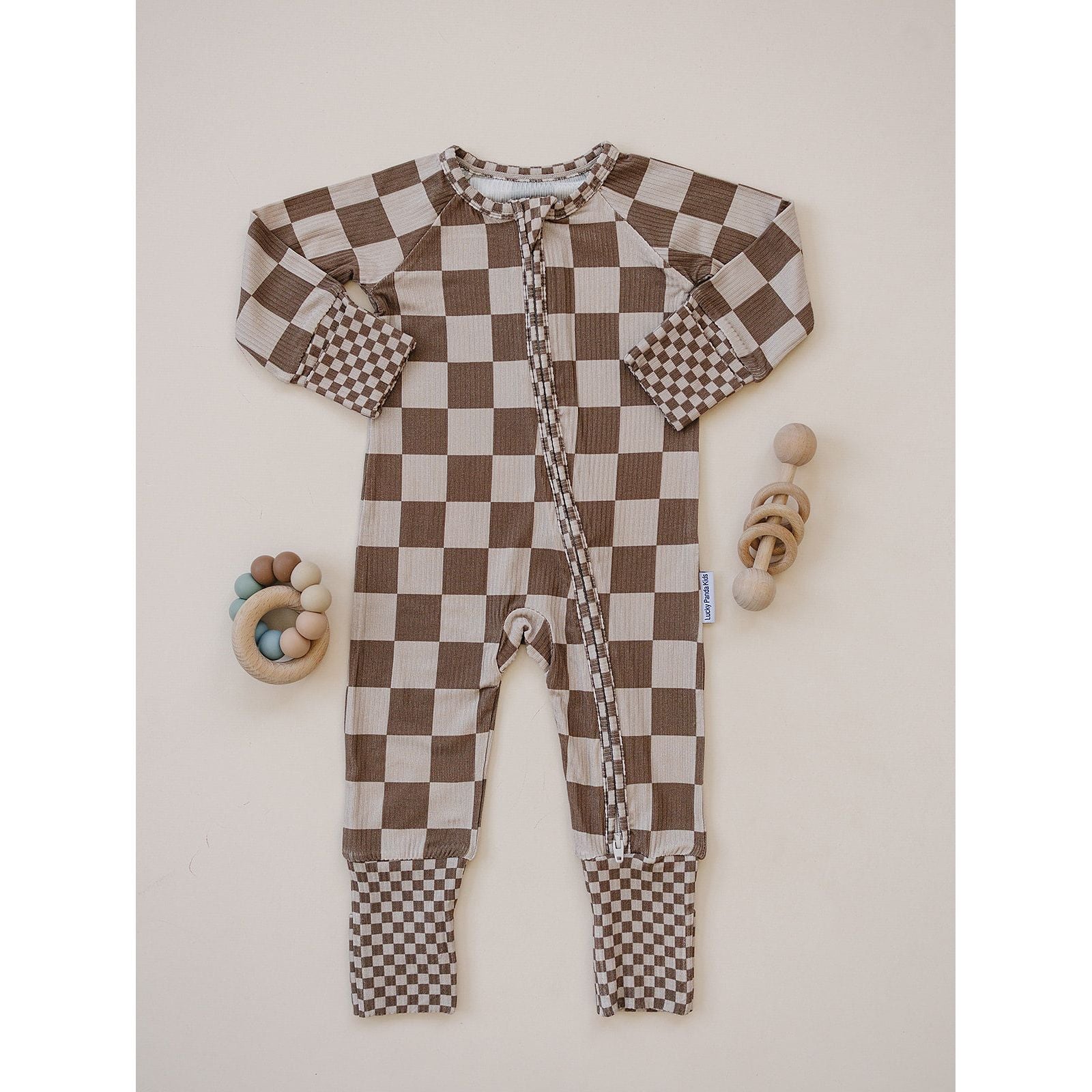 Ribbed Bamboo Zip Romper | Latte Checkered