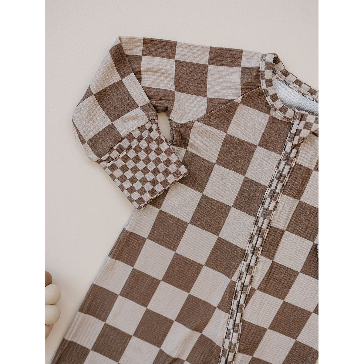 Ribbed Bamboo Zip Romper | Latte Checkered
