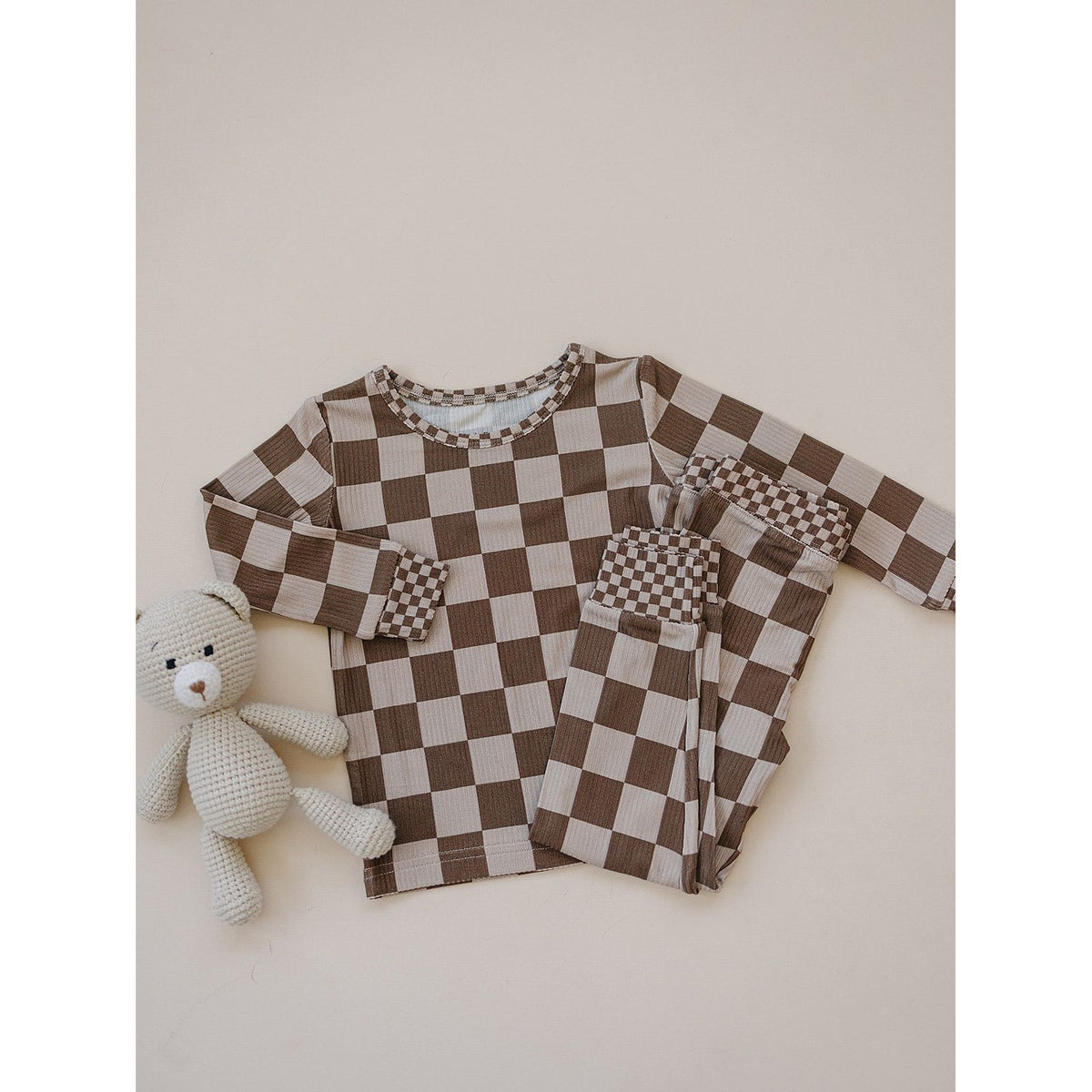 Ribbed Bamboo Two Piece Set | Latte Checkered
