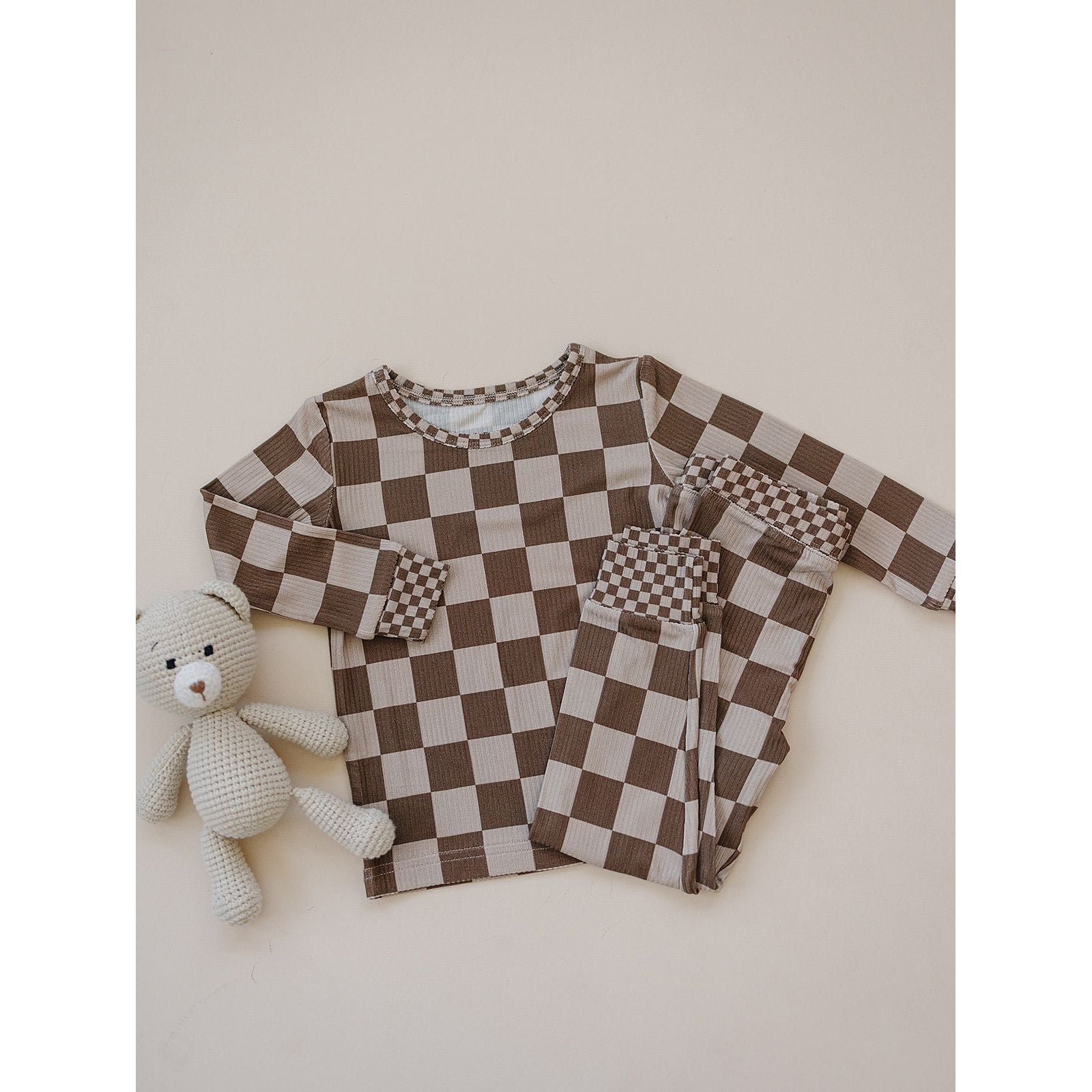 Ribbed Bamboo Two Piece Set | Latte Checkered