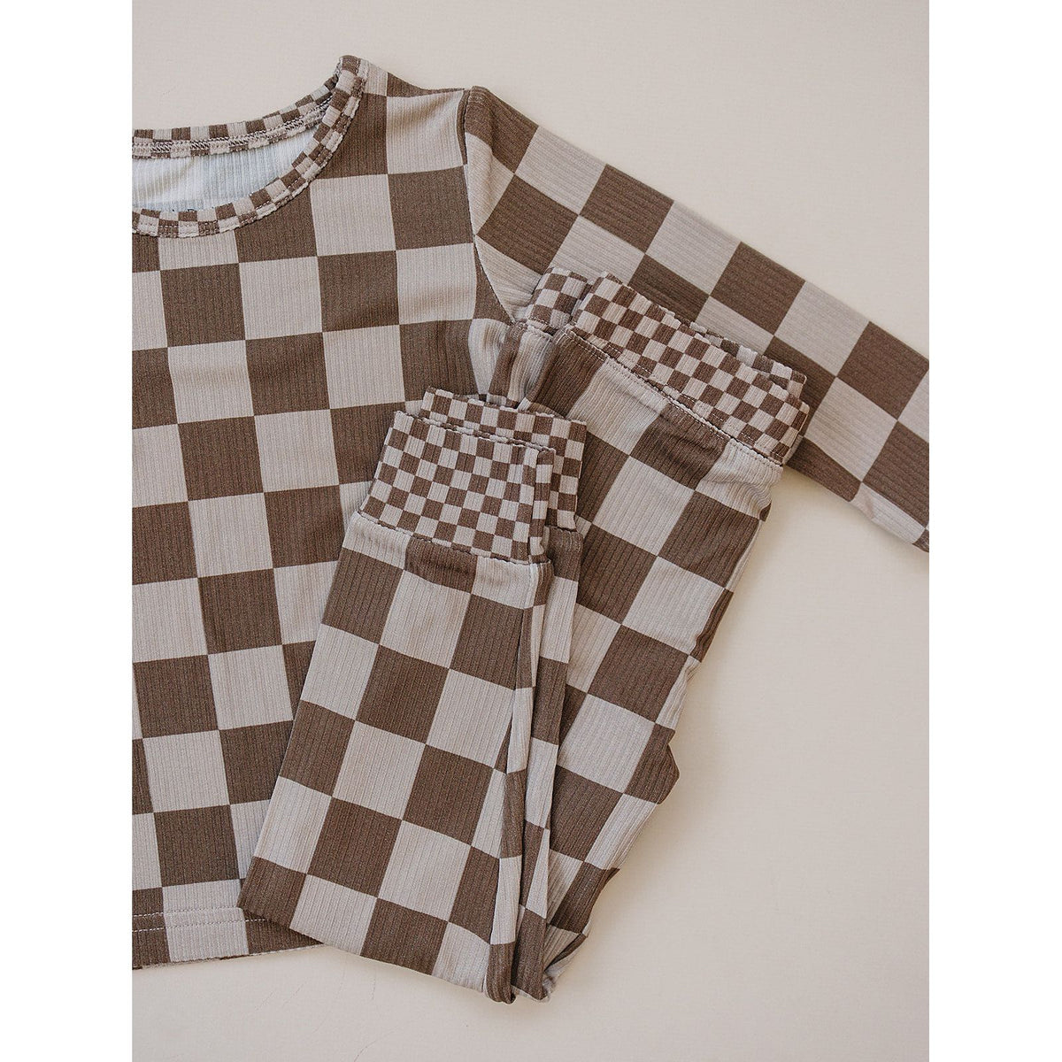 Ribbed Bamboo Two Piece Set | Latte Checkered
