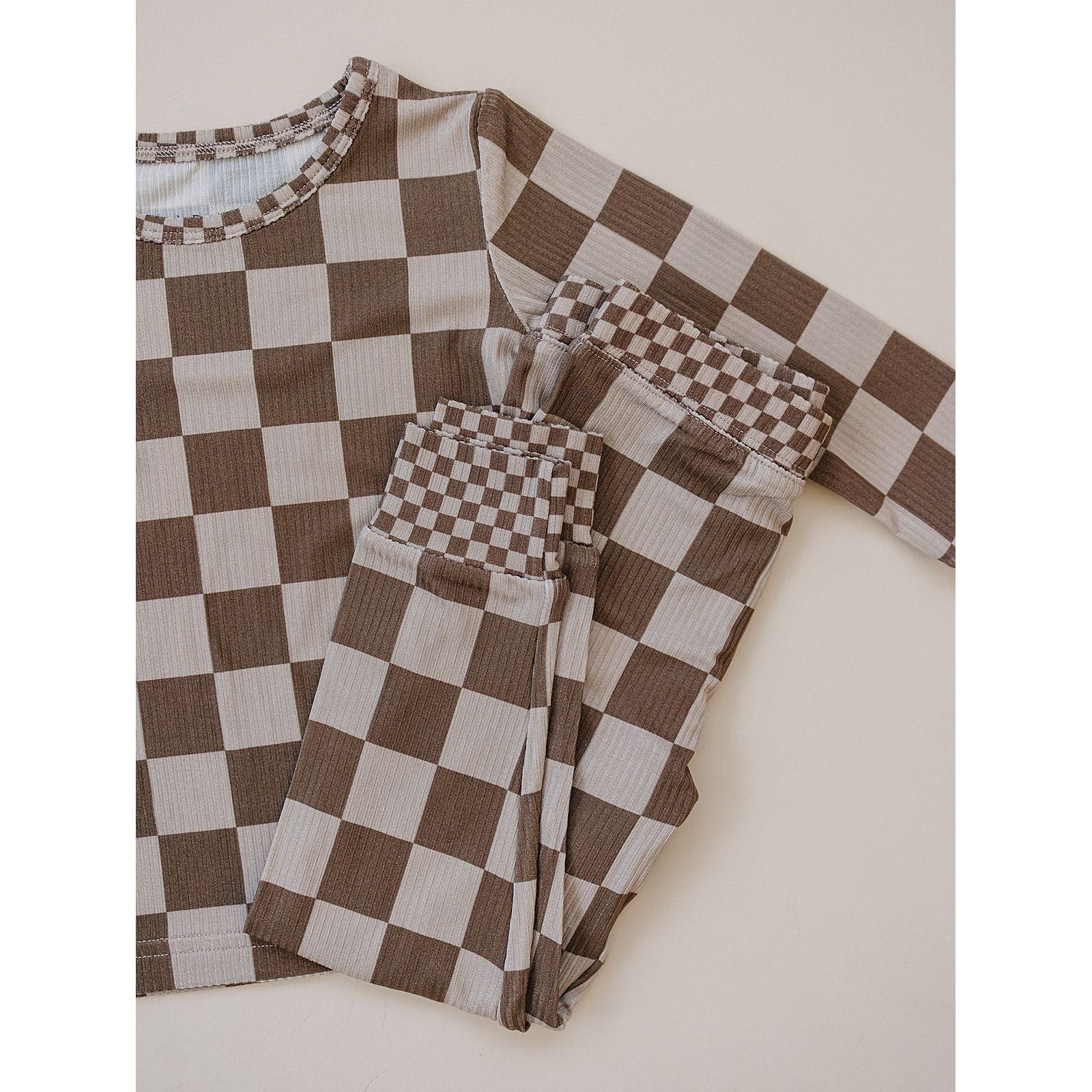 Ribbed Bamboo Two Piece Set | Latte Checkered
