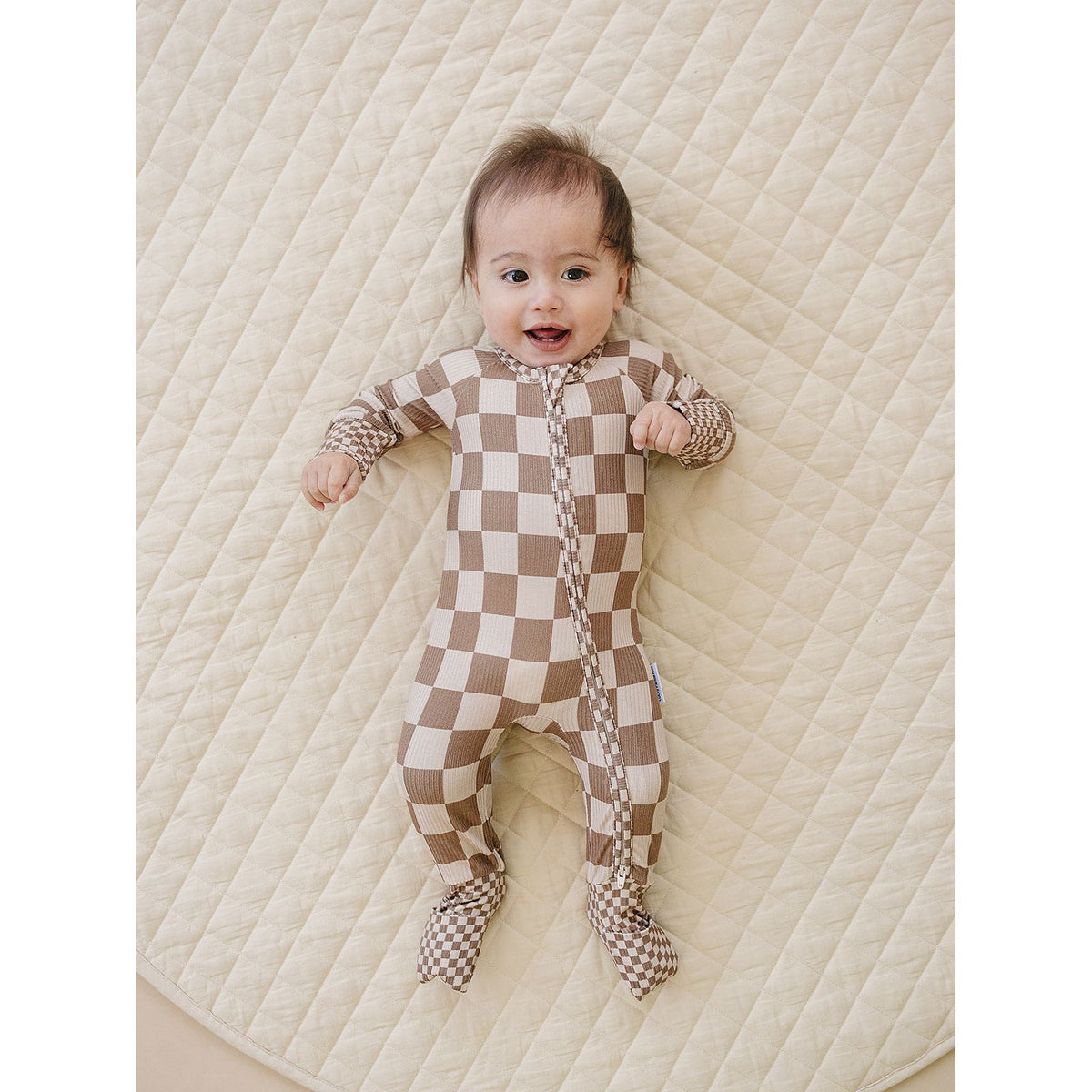 Ribbed Bamboo Zip Romper | Latte Checkered