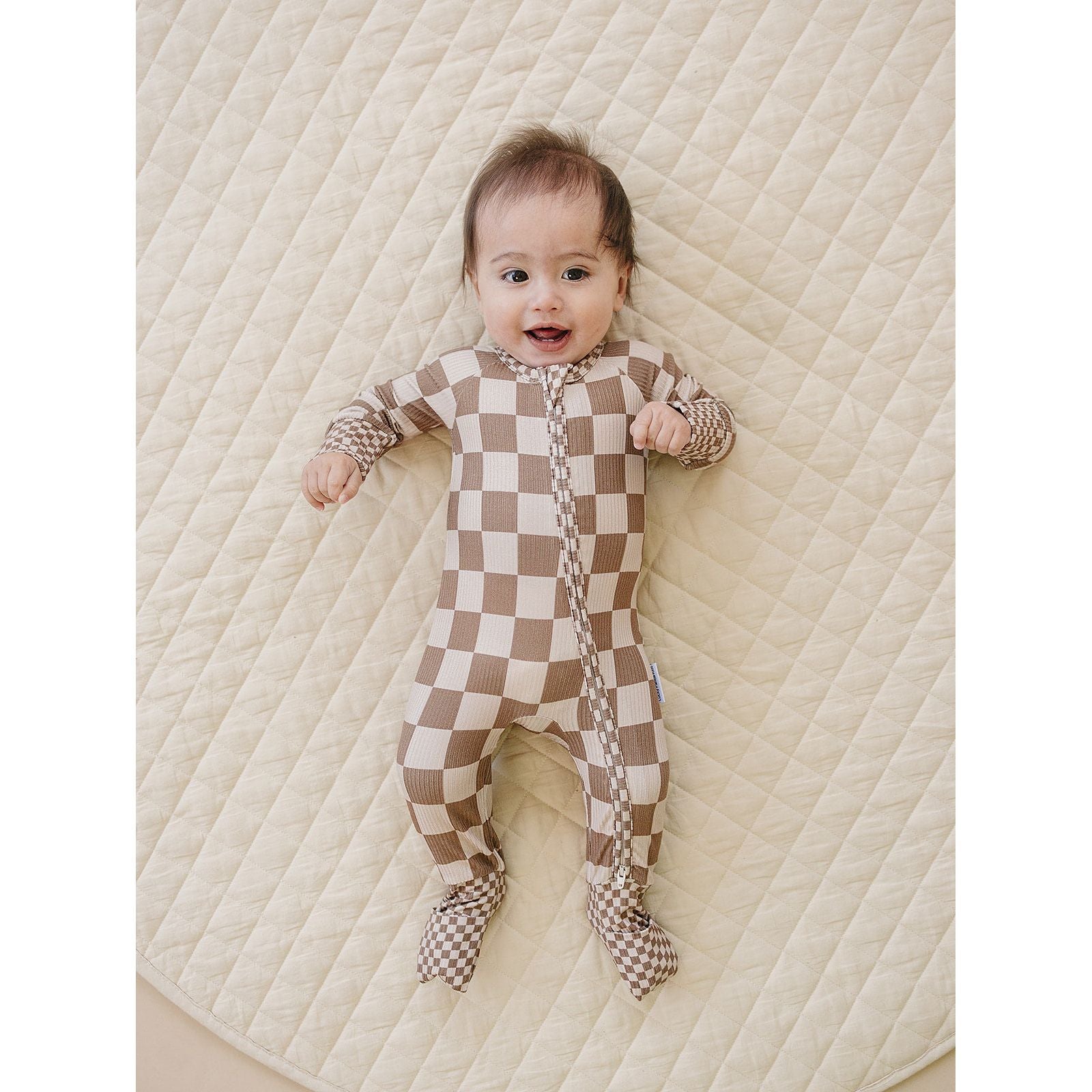 Ribbed Bamboo Zip Romper | Latte Checkered