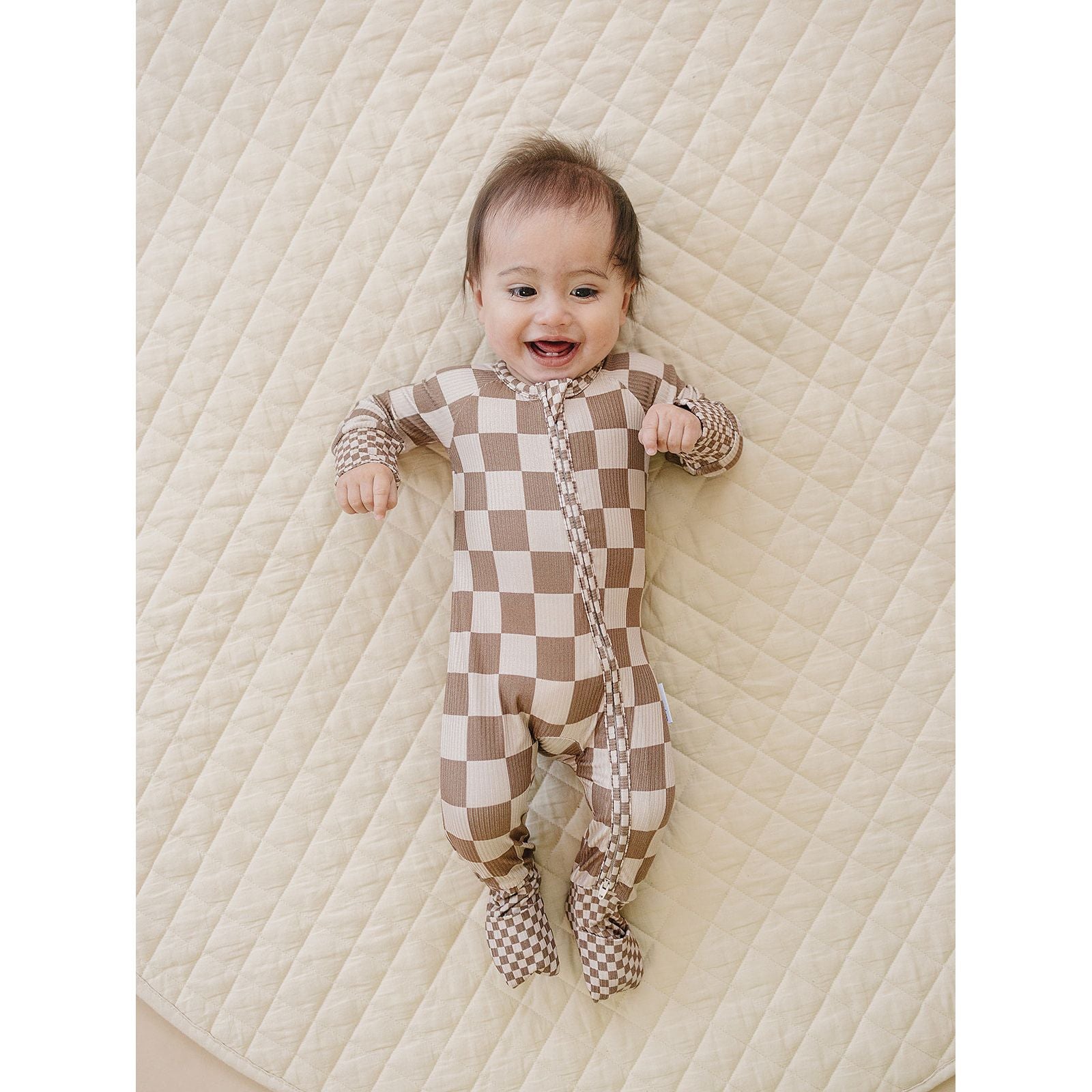 Ribbed Bamboo Zip Romper | Latte Checkered