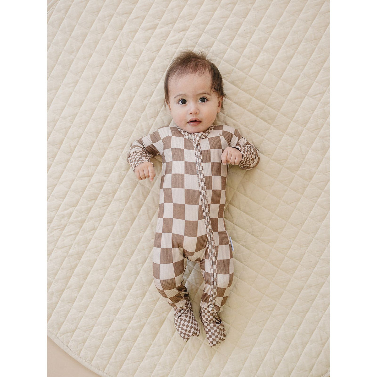 Ribbed Bamboo Zip Romper | Latte Checkered