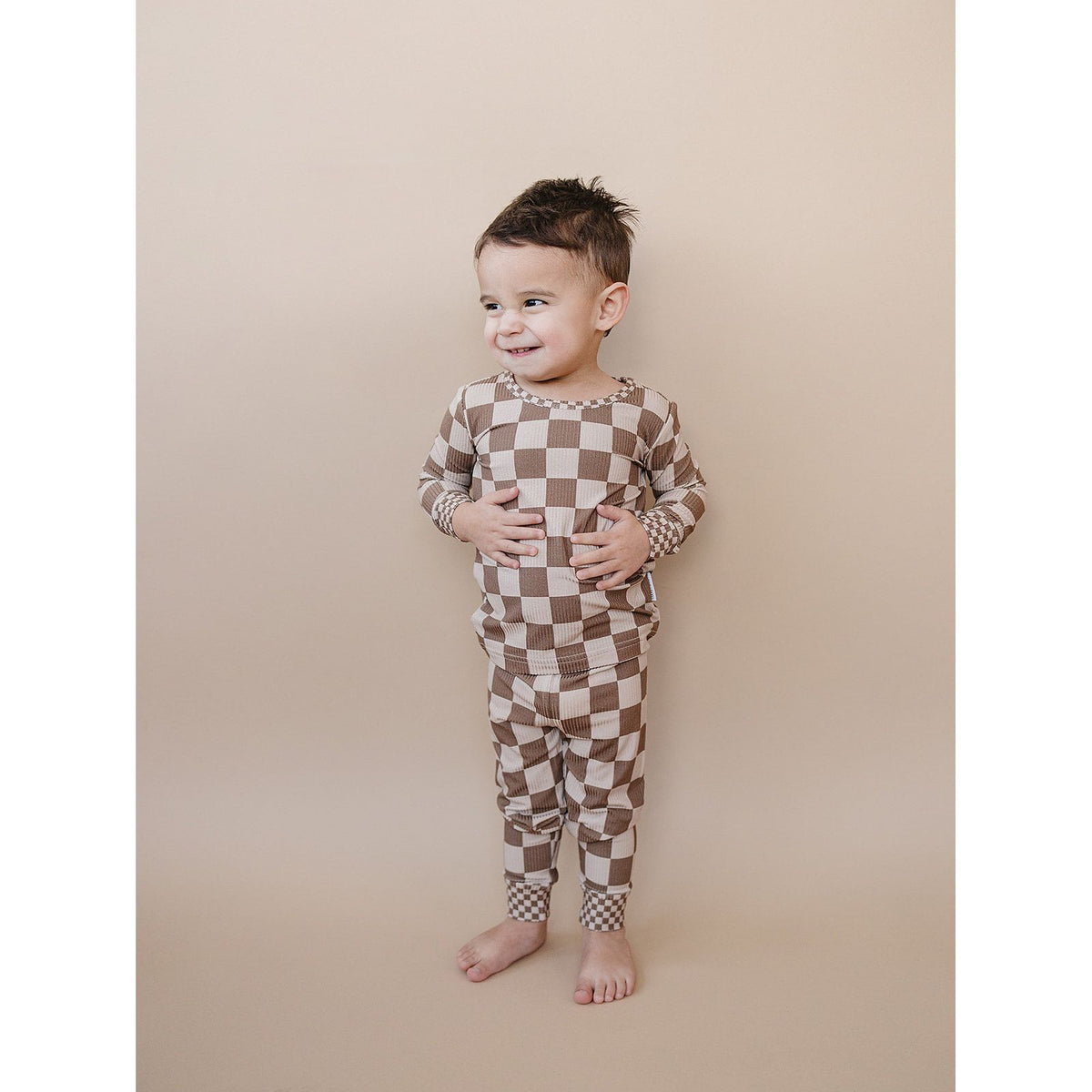 Ribbed Bamboo Two Piece Set | Latte Checkered