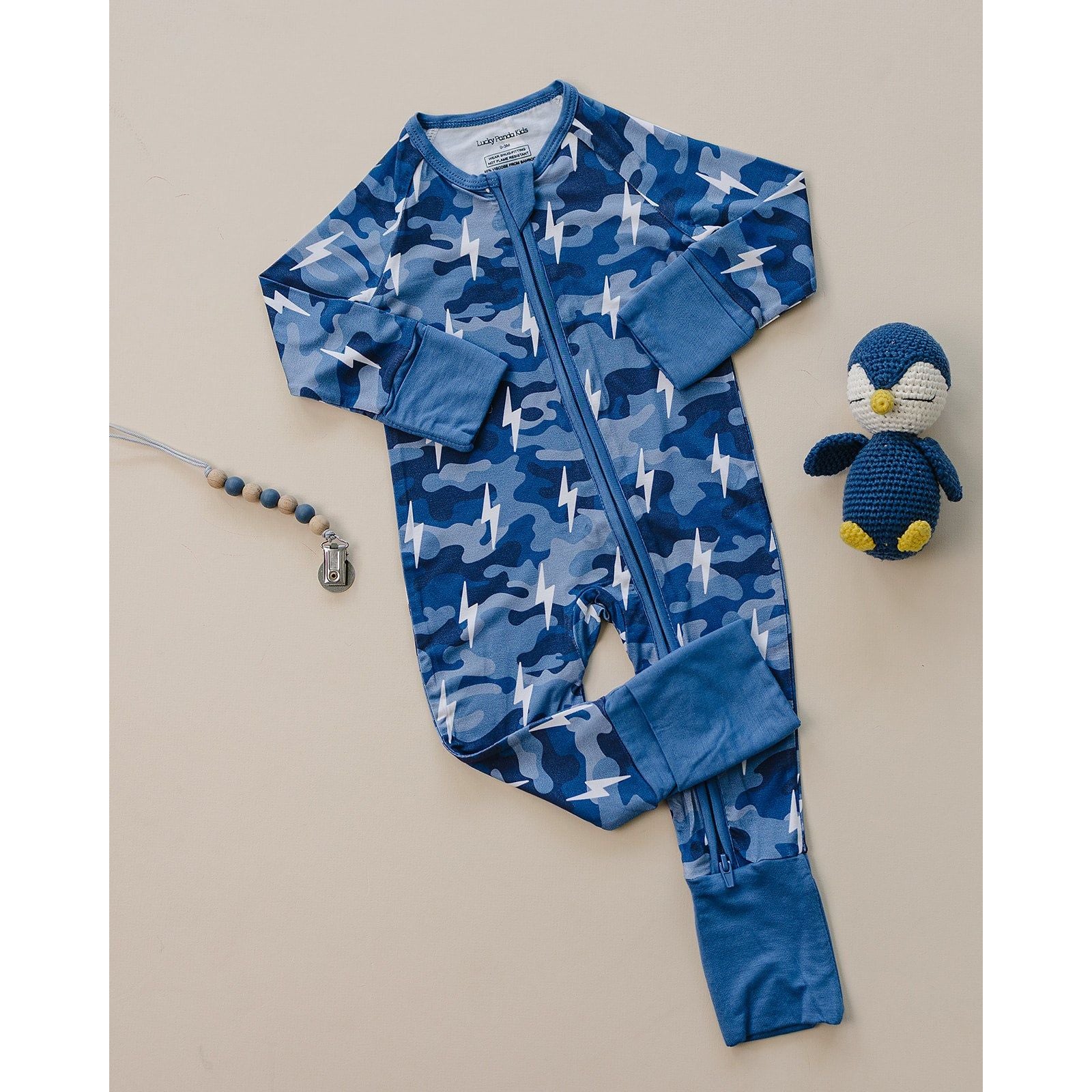 Bamboo Zip Romper | Blue Camo Bolts