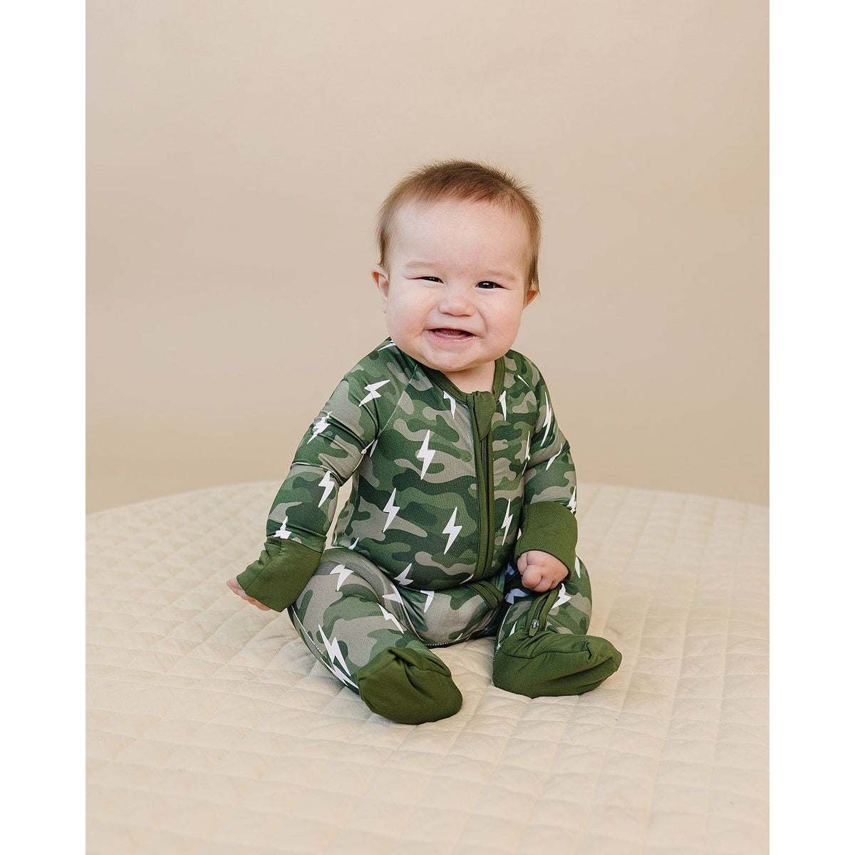 Bamboo Zip Romper | Green Camo Bolts