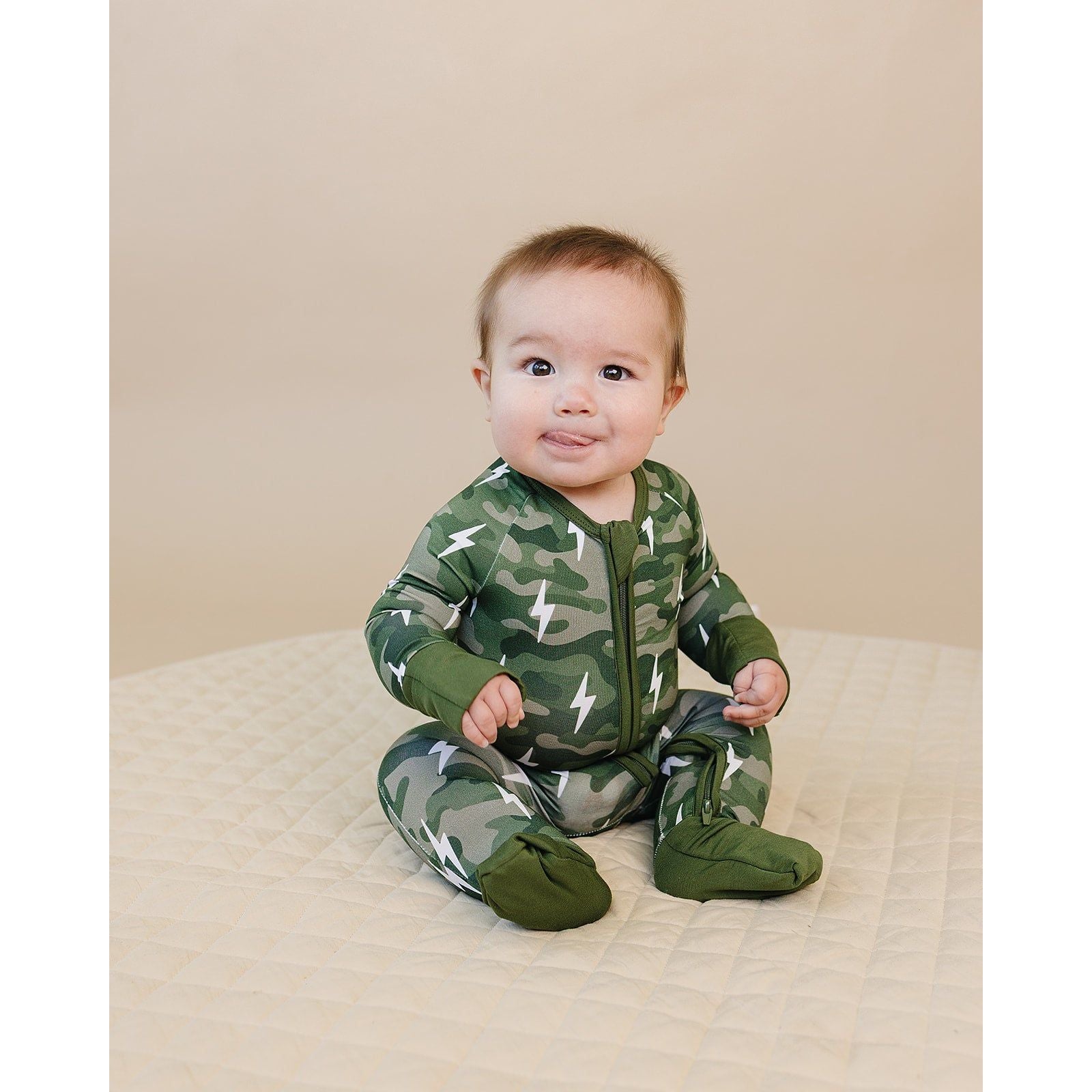 Bamboo Zip Romper | Green Camo Bolts