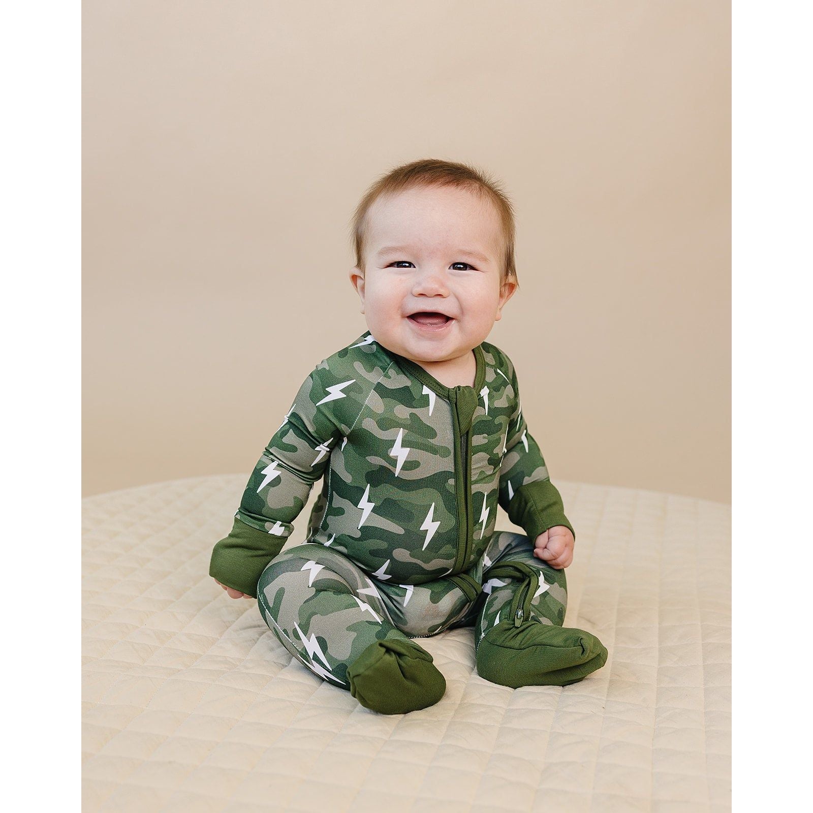 Bamboo Zip Romper | Green Camo Bolts