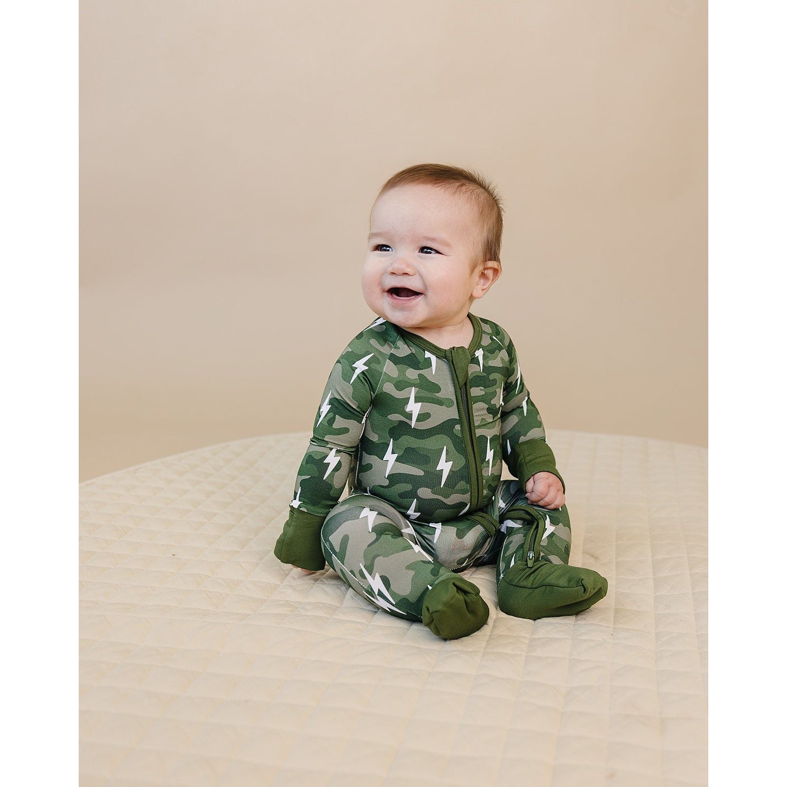 Bamboo Zip Romper | Green Camo Bolts
