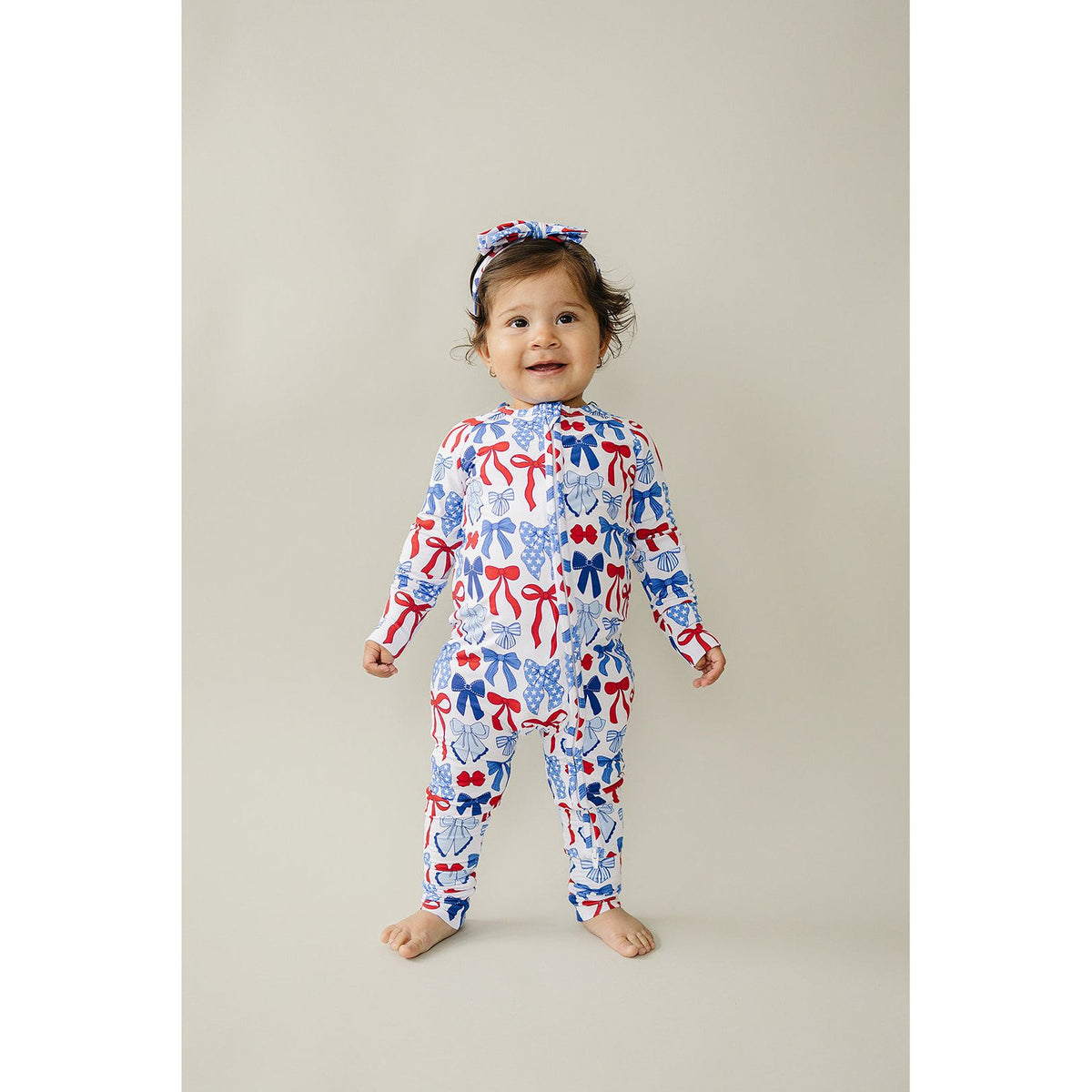 Bamboo Zip Romper  | Red-White & Bows