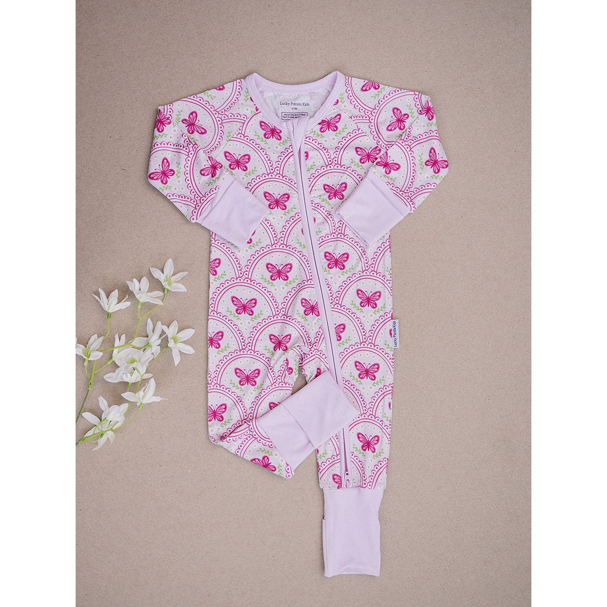 Bamboo Zip Romper | Pink Butterfly
