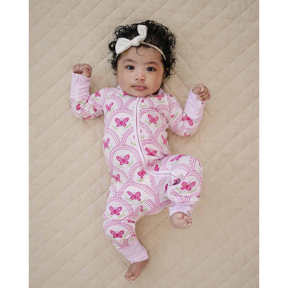Bamboo Zip Romper | Pink Butterfly