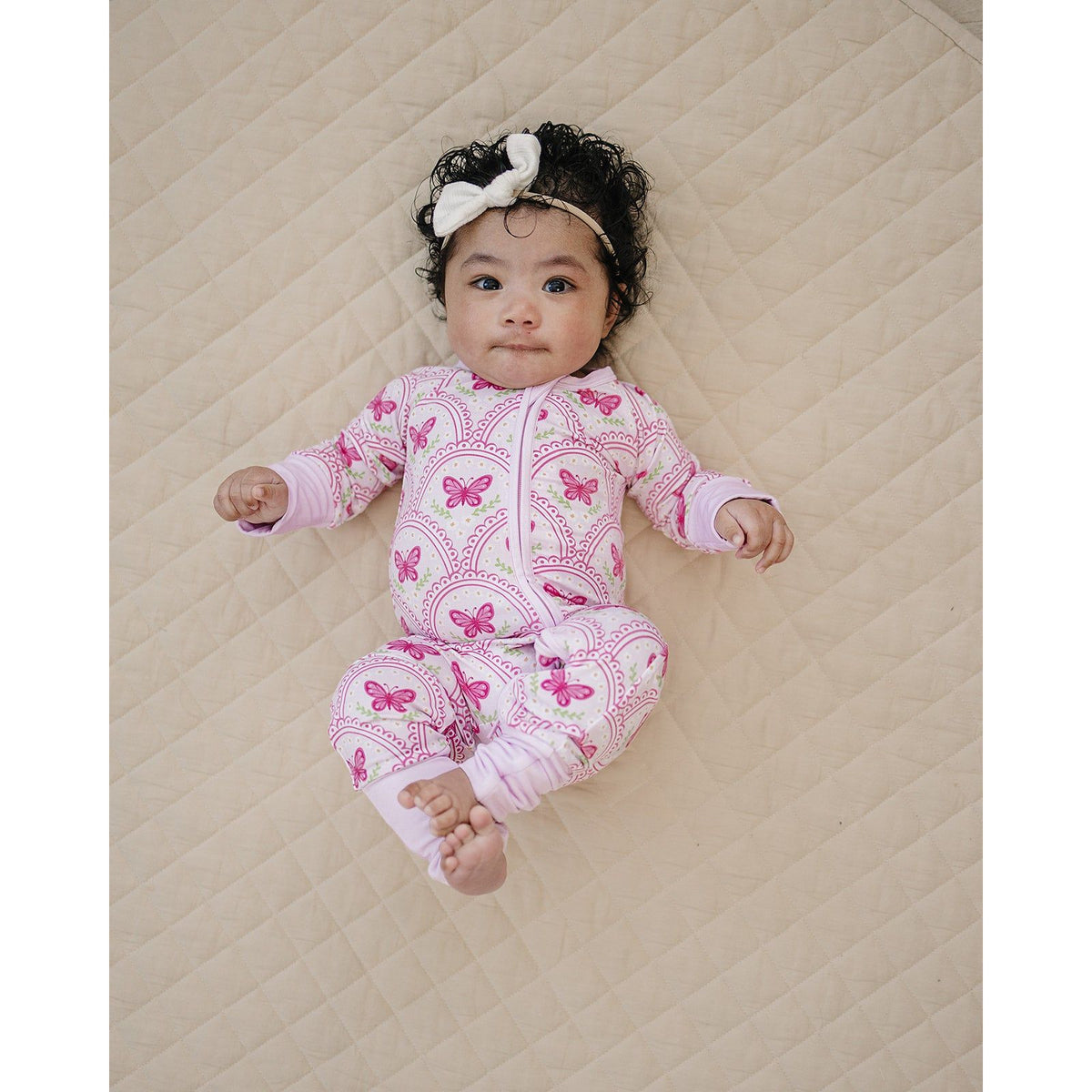 Bamboo Zip Romper | Pink Butterfly