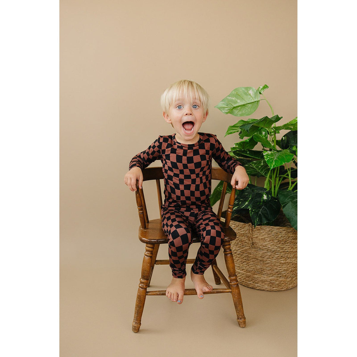 Bamboo Two Piece Set | Chocolate Wavy Checkered