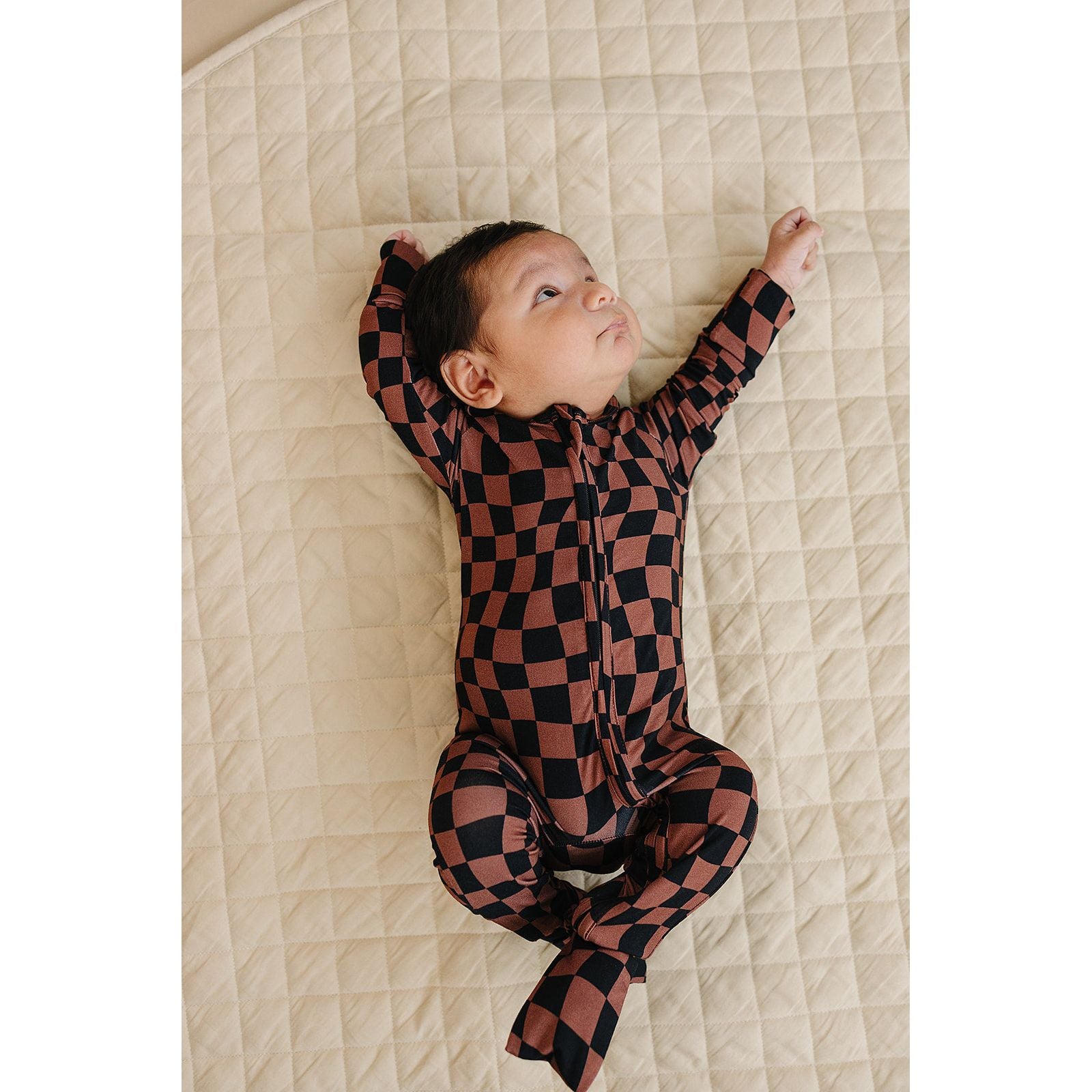 Bamboo Zip Romper | Chocolate Wavy Checkered