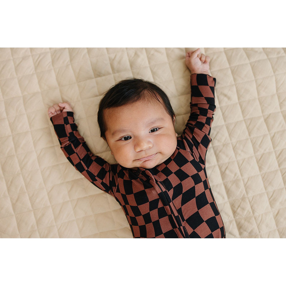 Bamboo Zip Romper | Chocolate Wavy Checkered