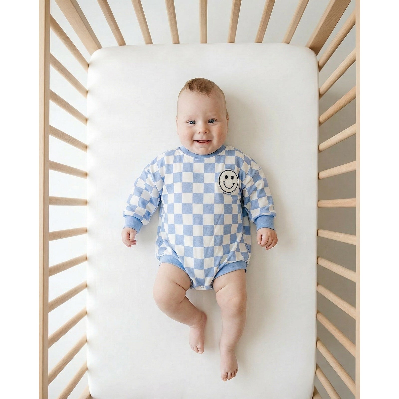 Bubble Romper | Checkered Smiley Blue