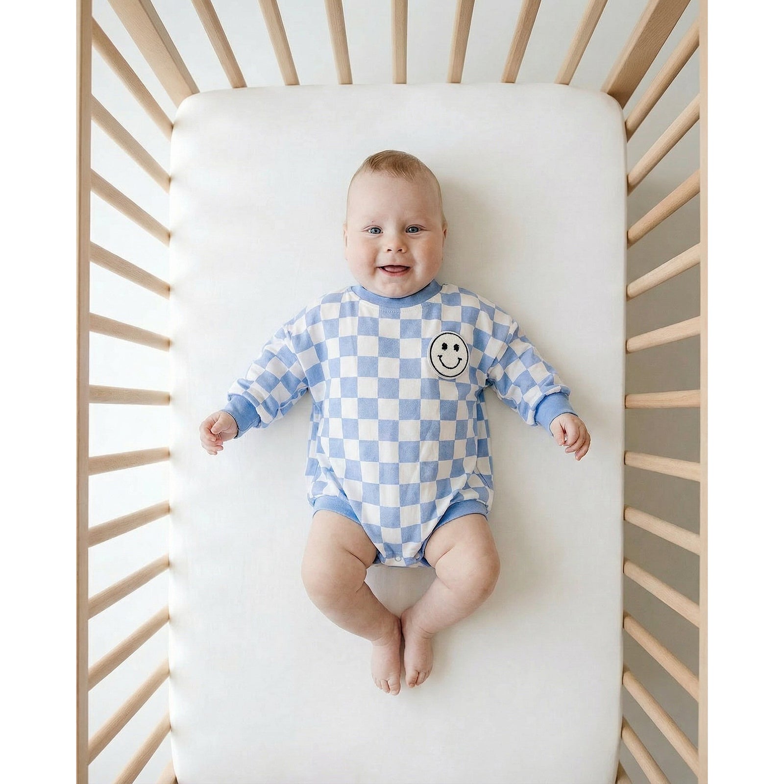 Bubble Romper | Checkered Smiley Blue