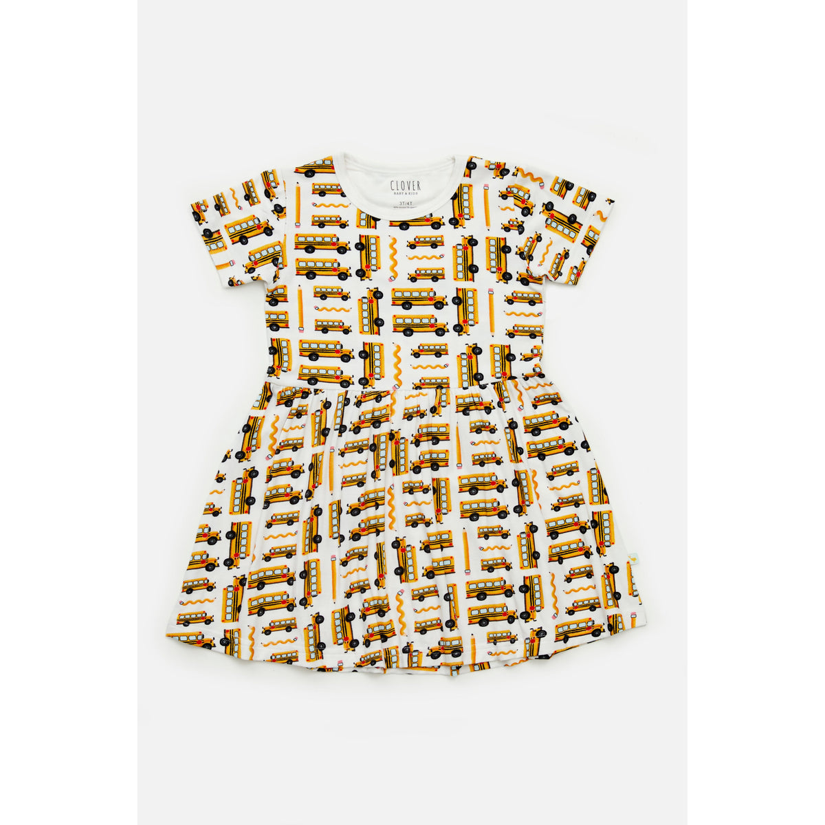 Stretchy Short Sleeve Twirl Dress - School Buses