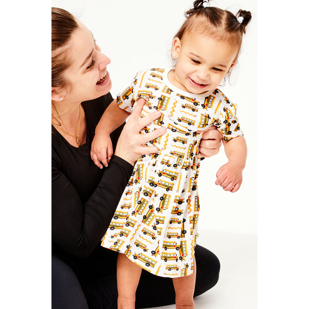 Stretchy Short Sleeve Twirl Dress - School Buses